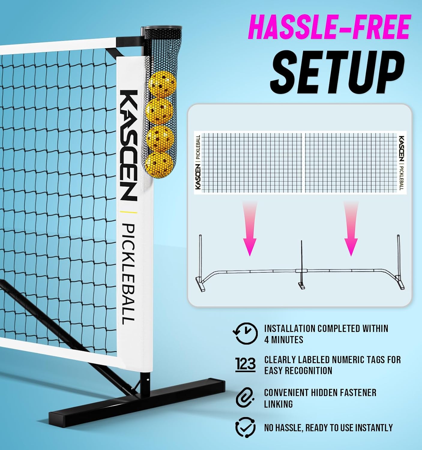 Portable Pickleball Net for Driveway – 22 FT Official Regulation Size Pick Ball Net with Wheels, Ball Holder,4 Balls,Court Marker and Bag for Indoor