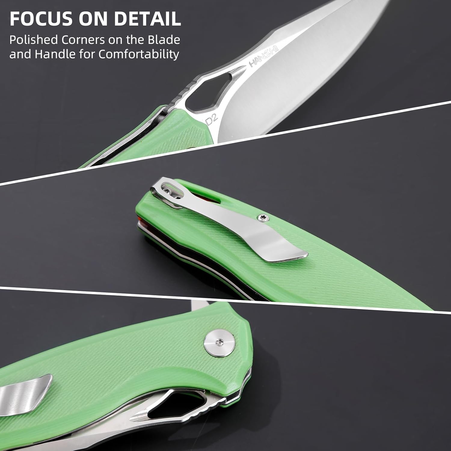 HANSHI Cuchillo de bolsillo plegable y afilado de hoja de acero D2 G10 de alta calidad con clip para hombres, cuchillo táctico de afeitar para