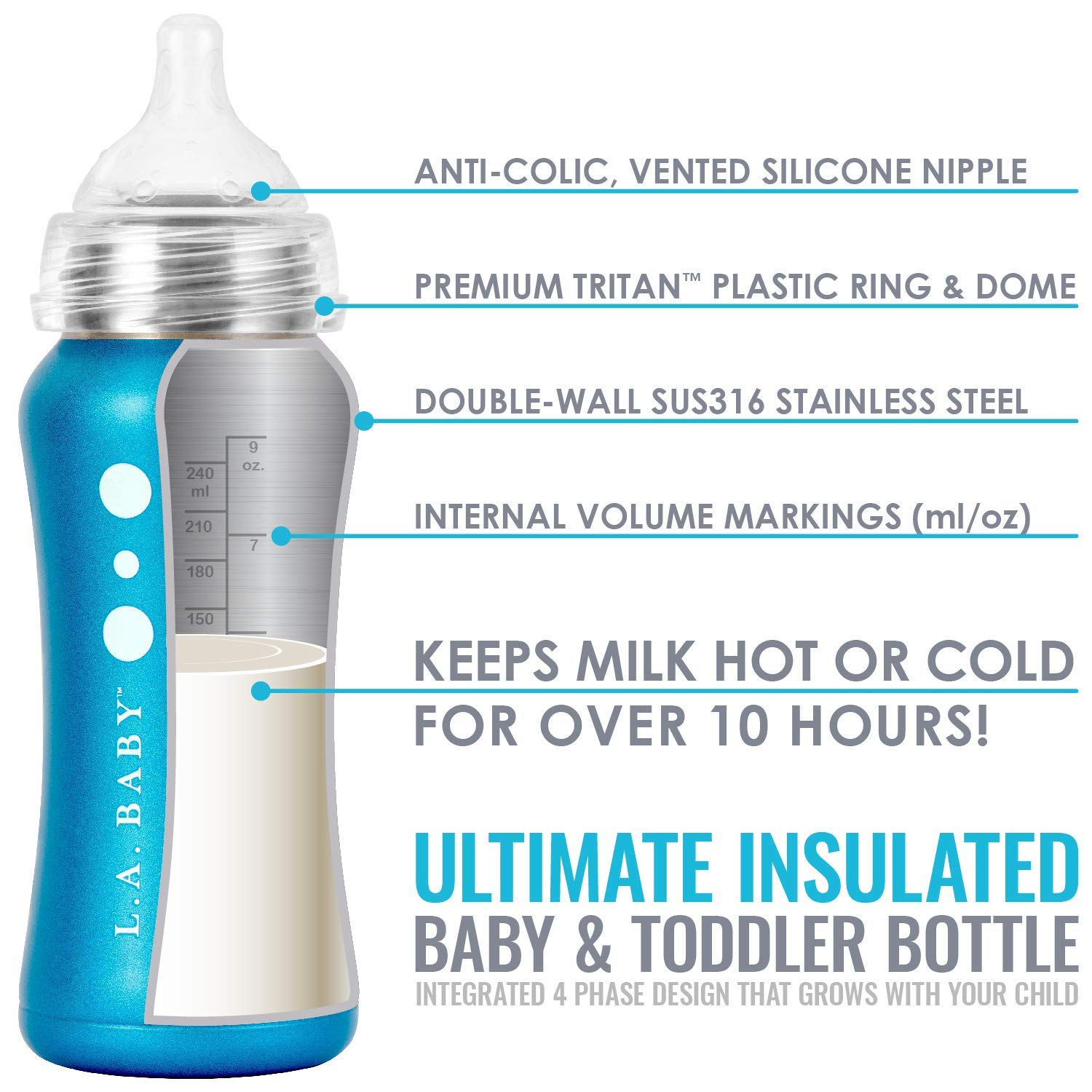 Ultimate – Biberón de acero inoxidable con aislamiento de 9 onzas, aísla la leche durante más de 10 horas, acero inoxidable no tóxico de grado