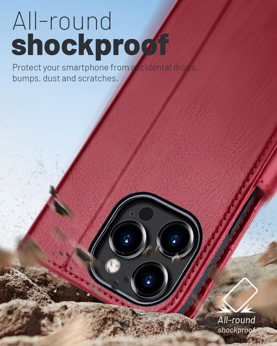 OCASE Funda tipo cartera compatible con iPhone 15 Pro, de piel sintética, con tarjetero, bloqueo RFID, soporte para teléfono carcasa interior de TPU