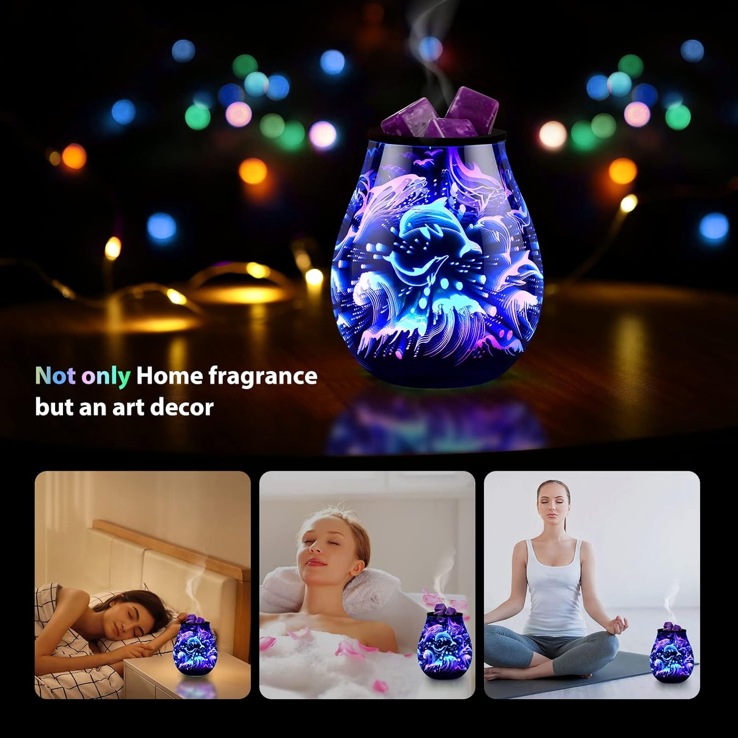 Dolphin – Quemador de aceite 3D de vidrio eléctrico, calentador de cera para cera perfumada con 7 calentadores de fragancias cambiantes de colores,