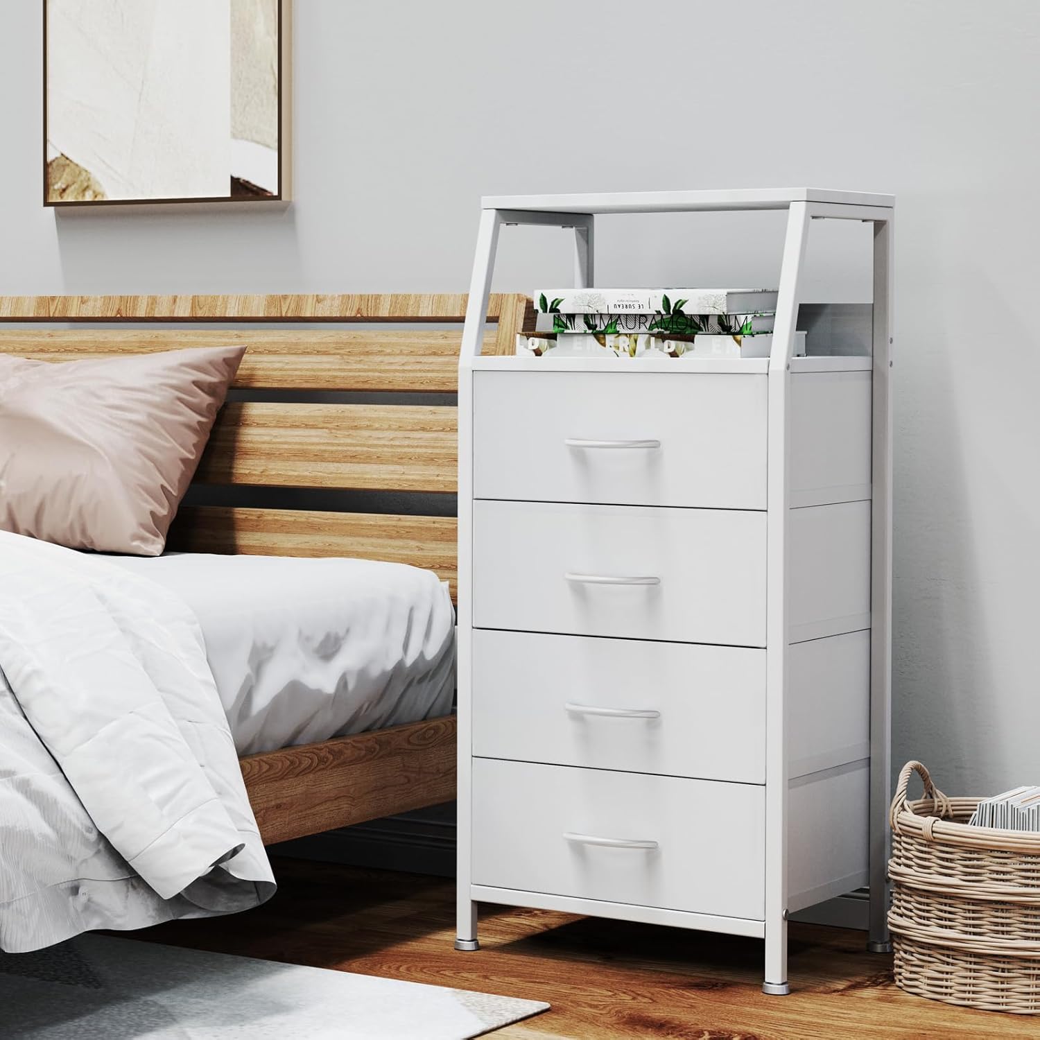 Cómoda con 4 cajones, torre de almacenamiento de tela para dormitorio, cajones de almacenamiento de ropa blanca, organizador vertical de armario