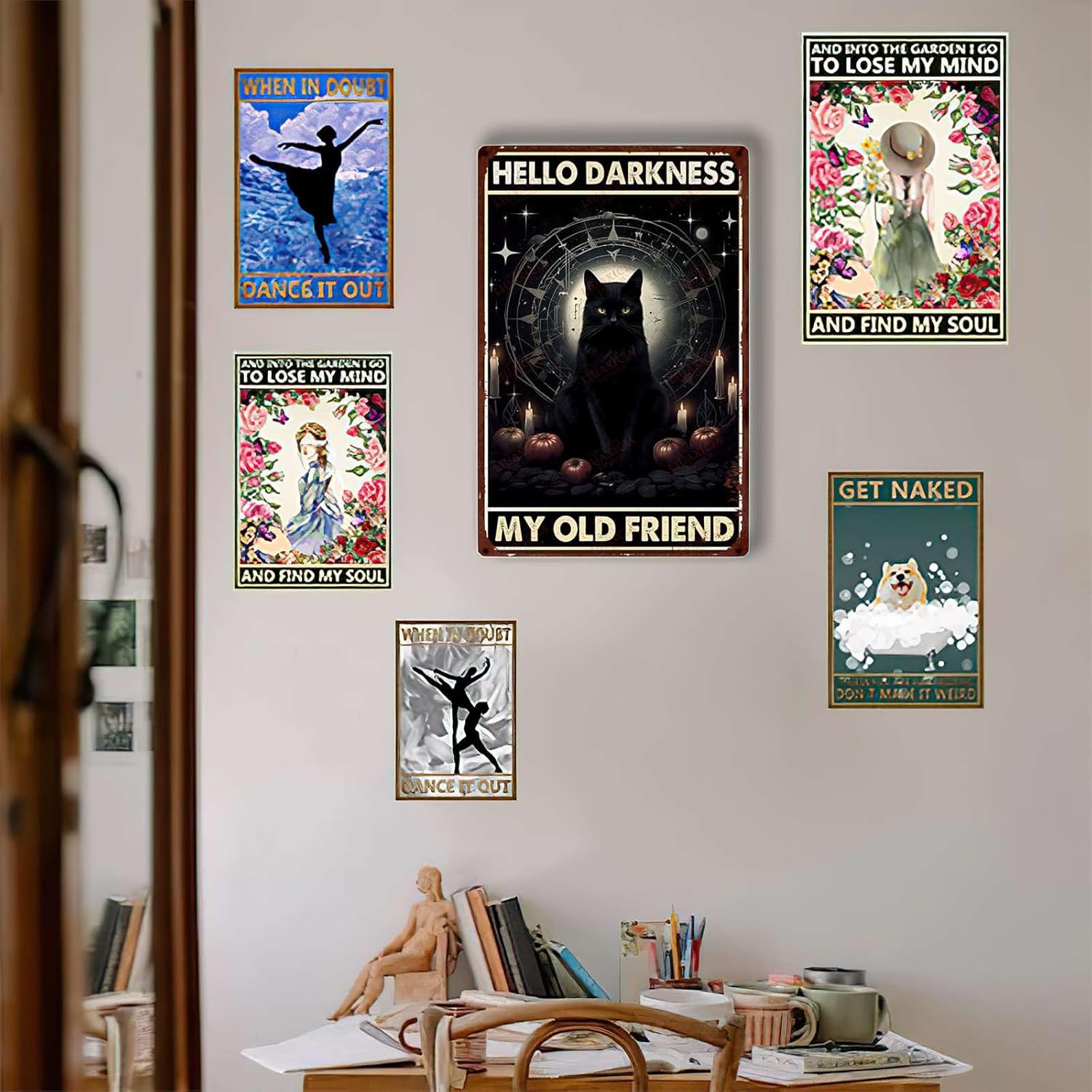 Cartel de metal de hojalata con diseño de gato negro, luna roja, brujas, Hello Darkness My Old Friend, decoración de fiesta vintage para sala de