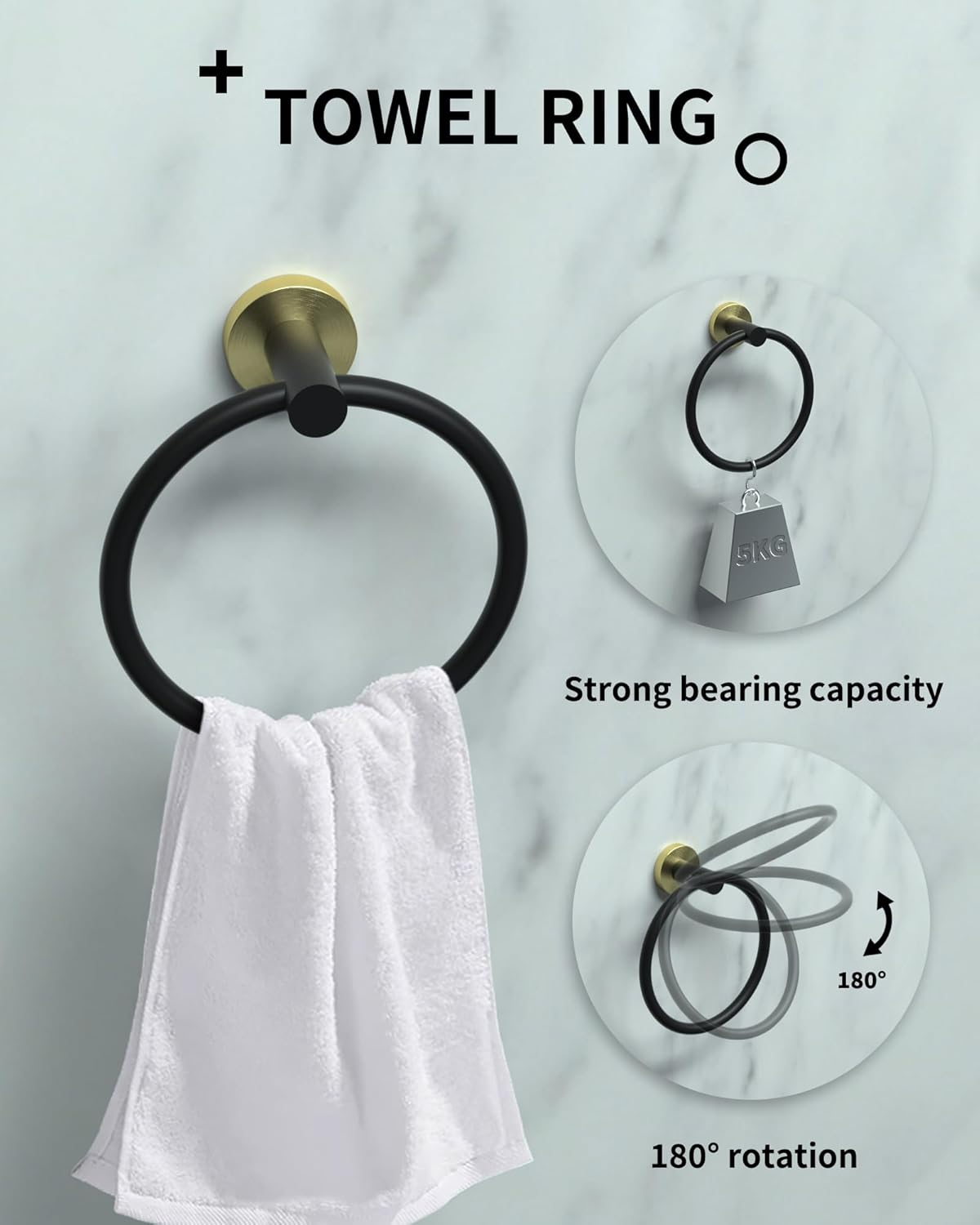 Juego de toallas de baño, juego de accesorios de baño negro y dorado, 12 piezas de accesorios de baño de acero inoxidable, incluye 2 toalleros de 16