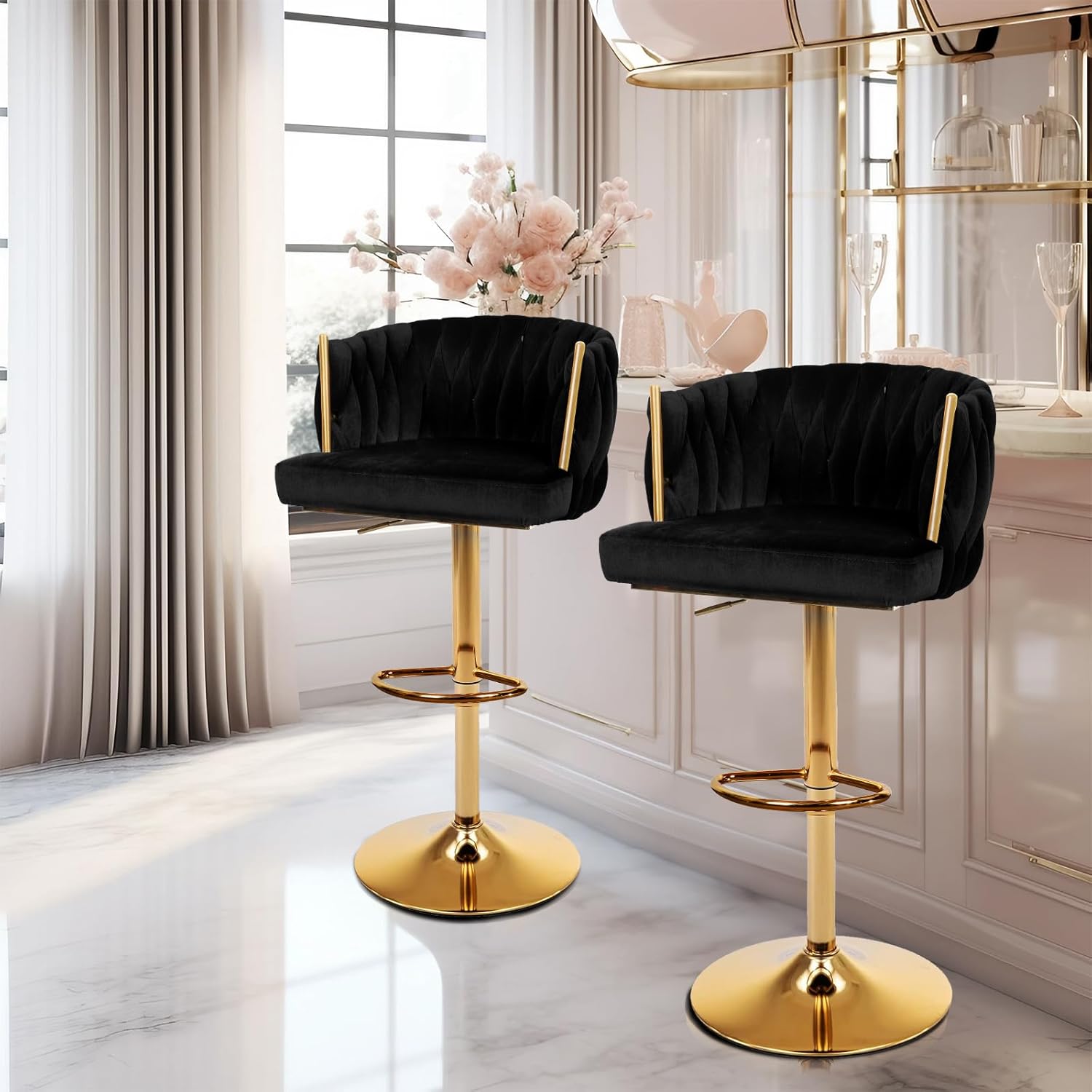 Polar Aurora Taburetes de bar con respaldo tejido de terciopelo giratorio de 360 de altura ajustable sillas de comedor tapizadas con patas de metal