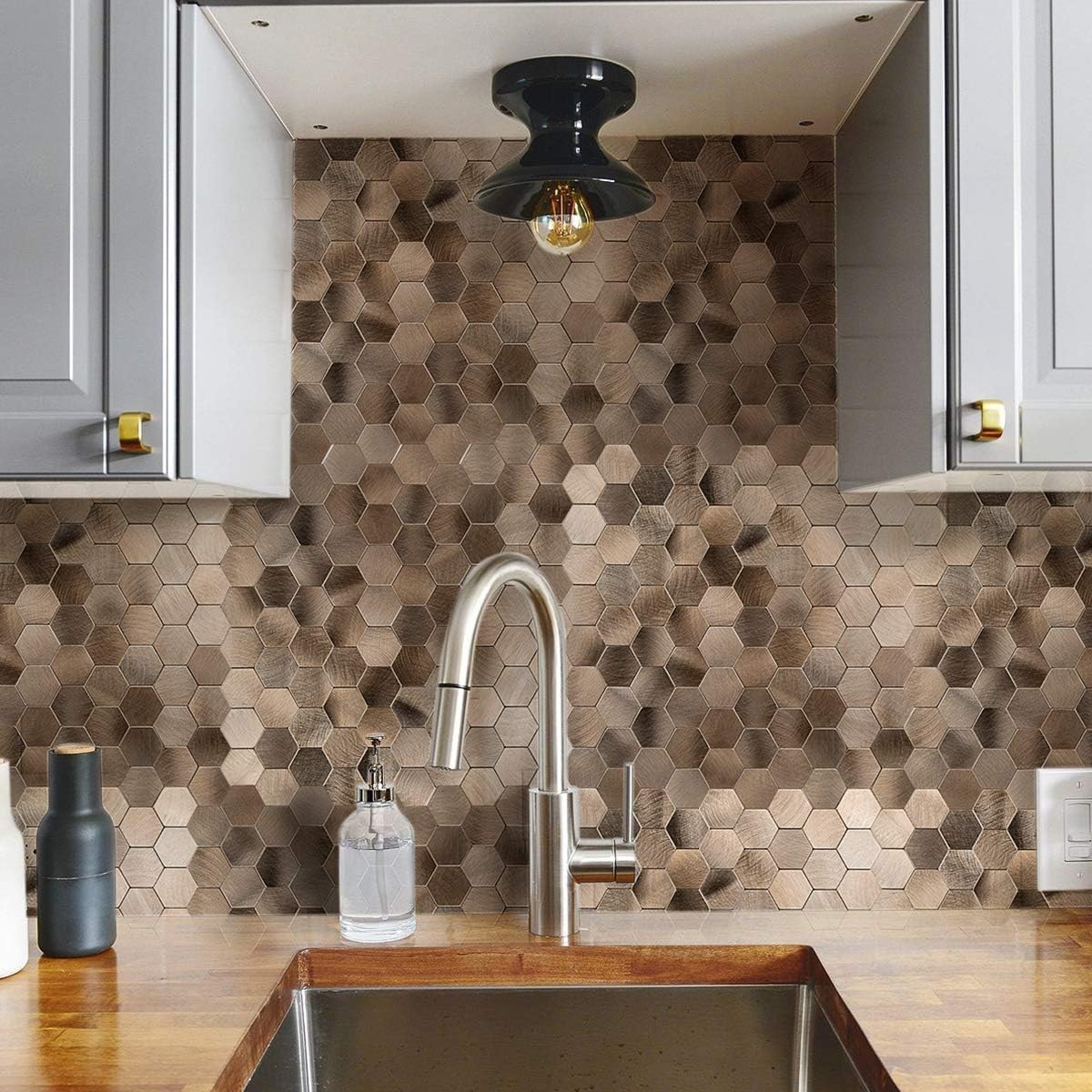 Decopus Protector contra salpicaduras de azulejos con aspecto antiguo, (5 unidades de bronce hexagonal) de cobre para despegar y pegar, modelado de