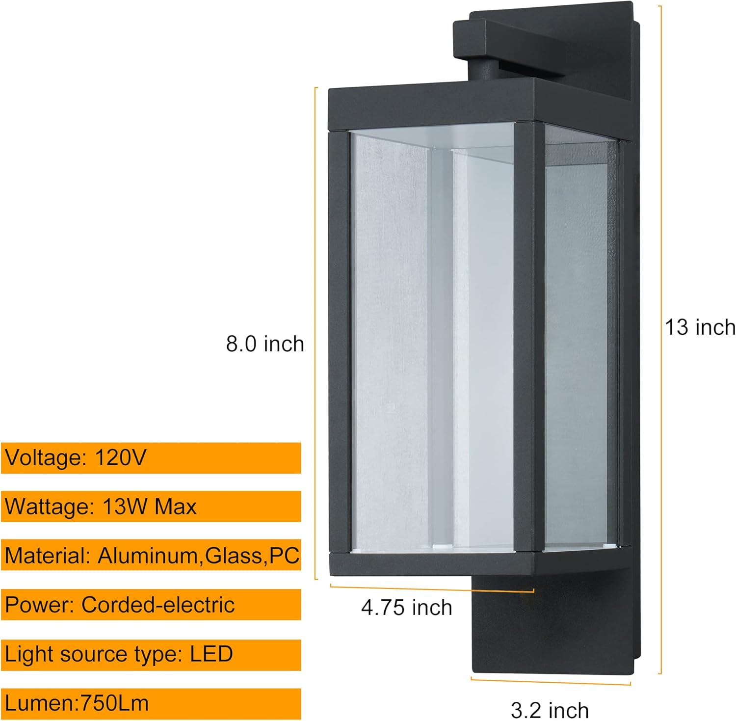 Lámpara de pared al aire libre moderna para porche exterior para casa, aplique de pared negro impermeable IP54 de 15 pulgadas con vidrio