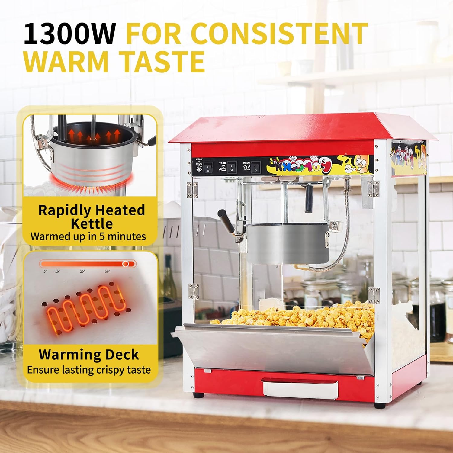 Máquina comercial de palomitas de maíz, hervidor de 10 onzas, máquina de palomitas de maíz para encimera de 1300 W para 60 tazas por lote, máquina