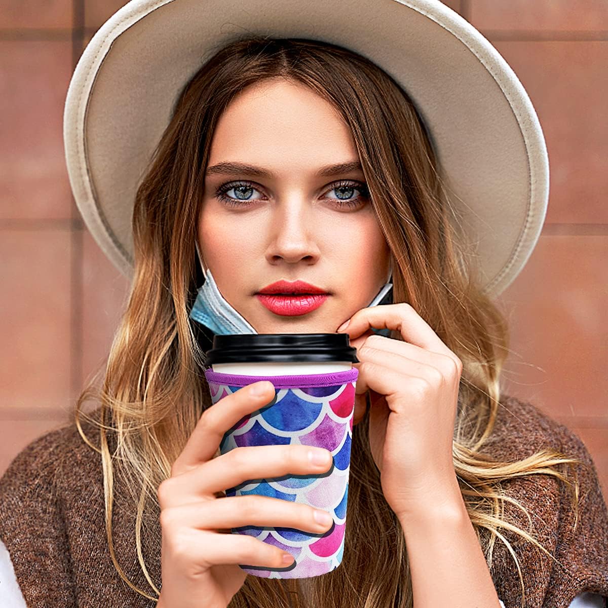 Paquete de 3 fundas reutilizables de neopreno reutilizables para taza de café helado, fundas reutilizables para bebidas frías y calientes (sirena)