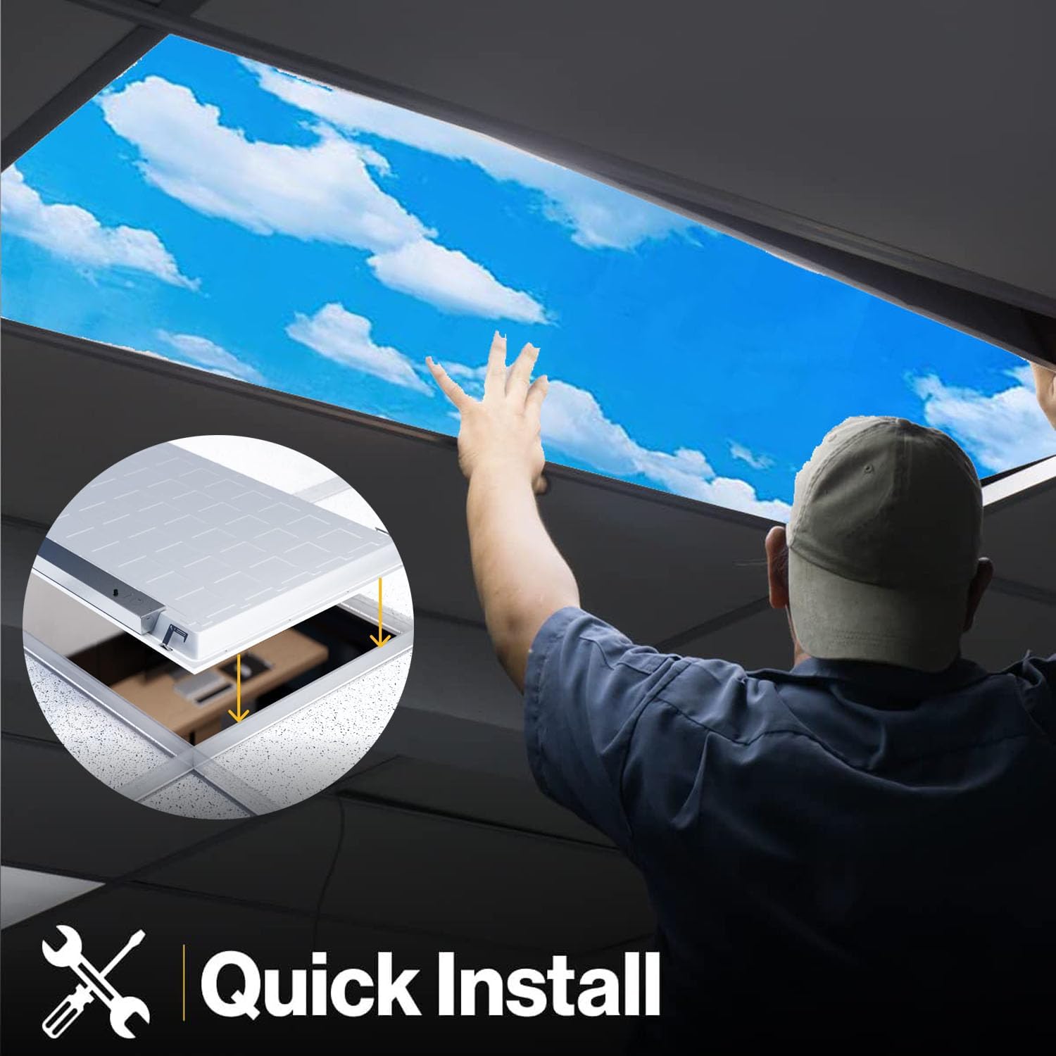 Superyofo Paquete de 6 luces LED de panel plano de 2 pies de 4800 lúmenes, 0-10 V regulables, cielo azul plano y nubes, 50 W, blanco 6000 K, 120 V,