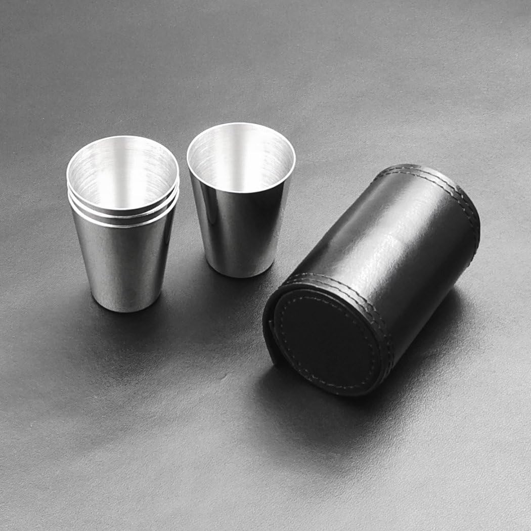 iSavage Vasos de chupito con funda de cuero negro de 1.2 onzas cada juego de 4 vasos de acero inoxidable 188, 1 bolsa reutilizable – YM201