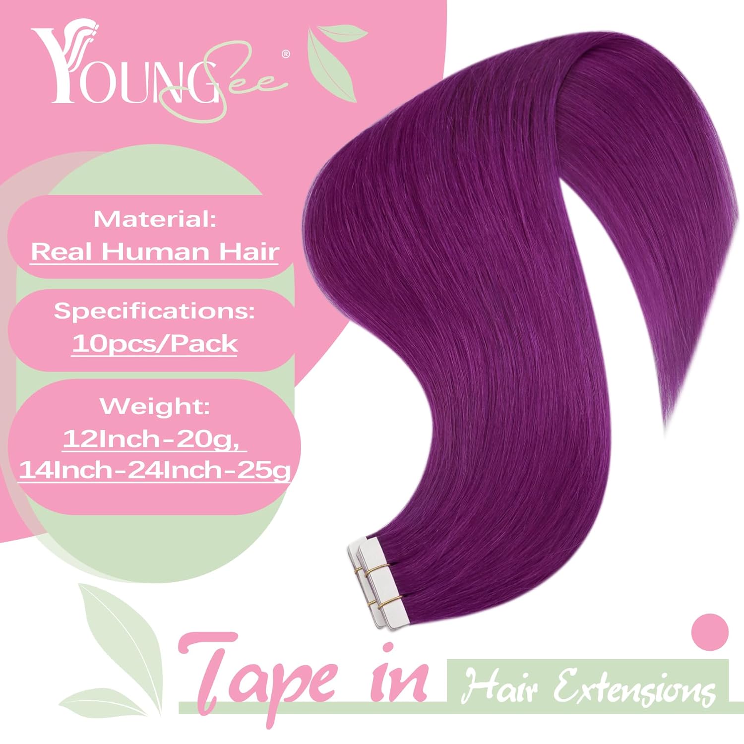 YoungSee Extensiones de cabello humano con cinta morada de 12 pulgadas, extensiones de cabello humano Remy con cinta adhesiva, 10 unidades,