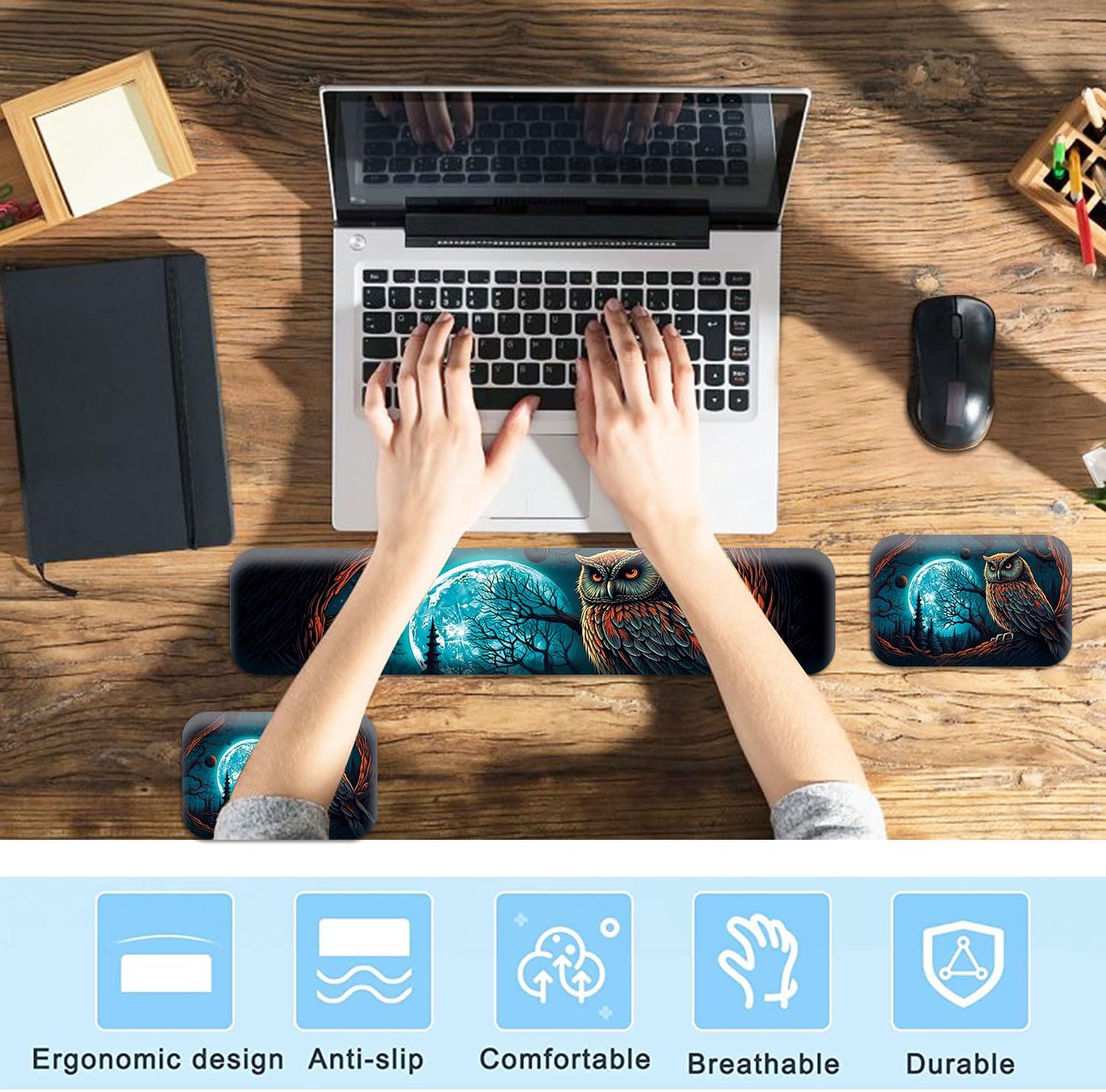 Reposamuñecas para teclado + coderas de escritorio (juego de 3 unidades), reposamuñecas de gel de espuma viscoelástica para teclado y mouse, cojín