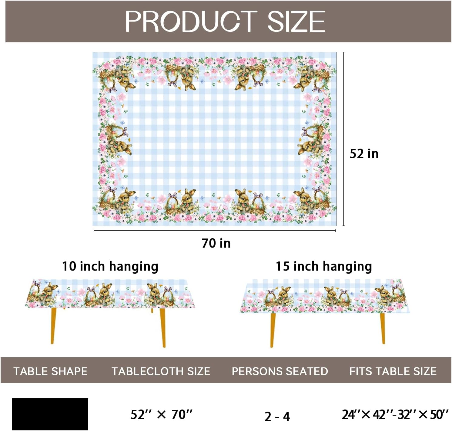 Romanstile Mantel rectangular de primavera de Pascua, diseño a cuadros, diseño de conejo y huevos de búfalo, resistente a las manchas, para cenas,