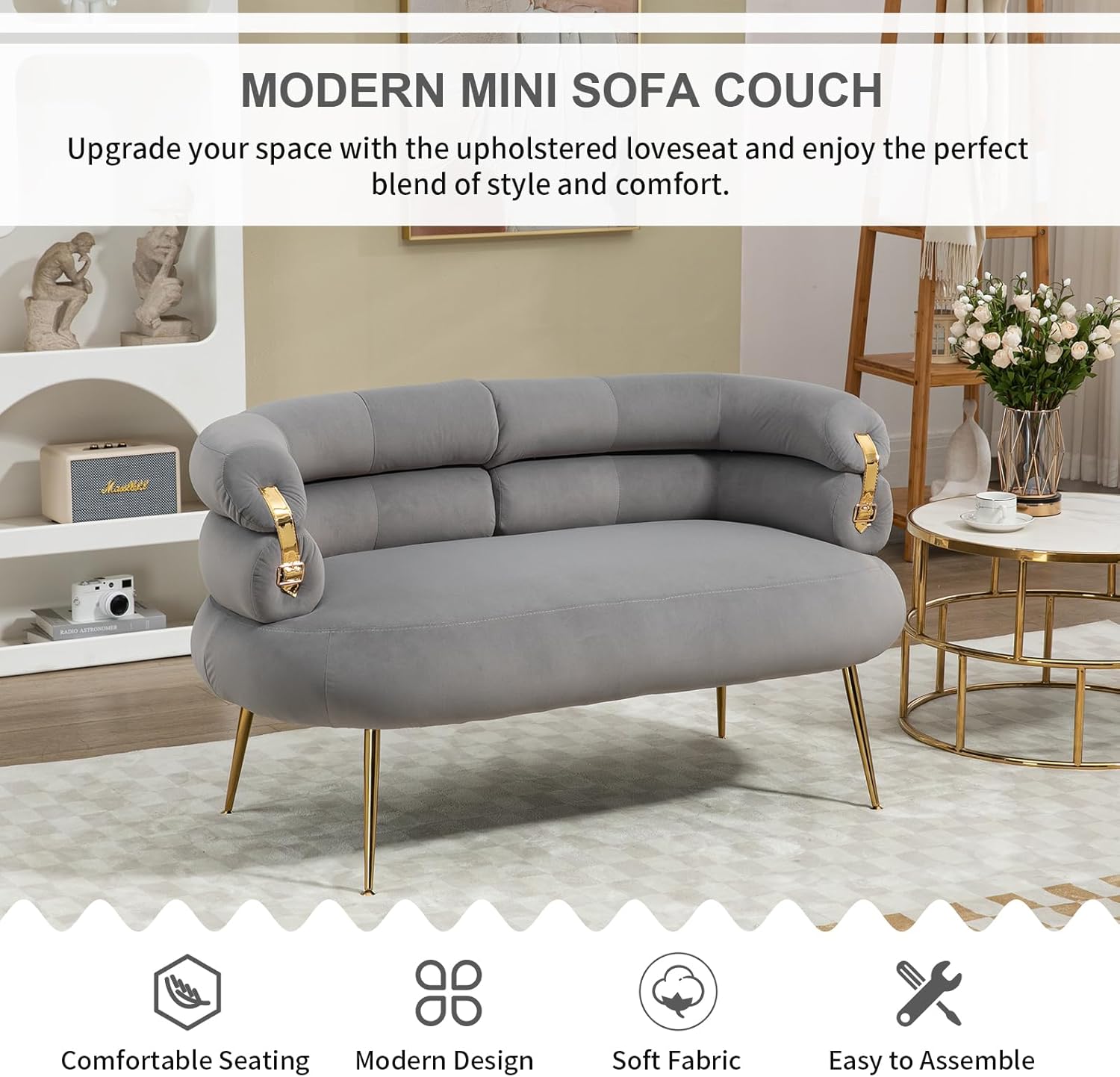 Mini sofá moderno, sofá biplaza tapizado de terciopelo con diseño de respaldo curvo, sofá pequeño con patas de metal dorado para sala de estar,
