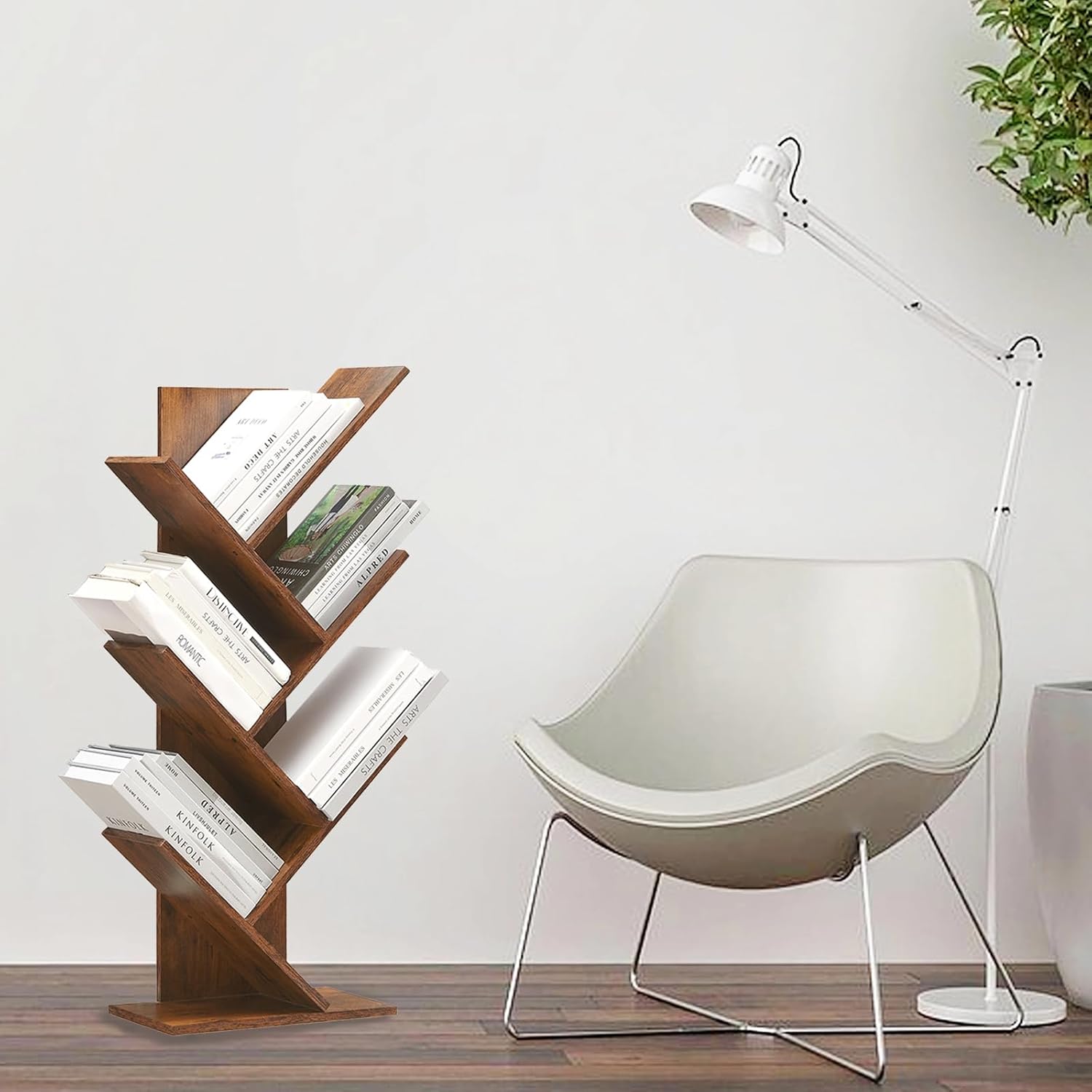 Somdot Estantería de madera de 6 niveles para CD, películas y libros, diseño retro con estantes organizadores para dormitorio, sala de estar y