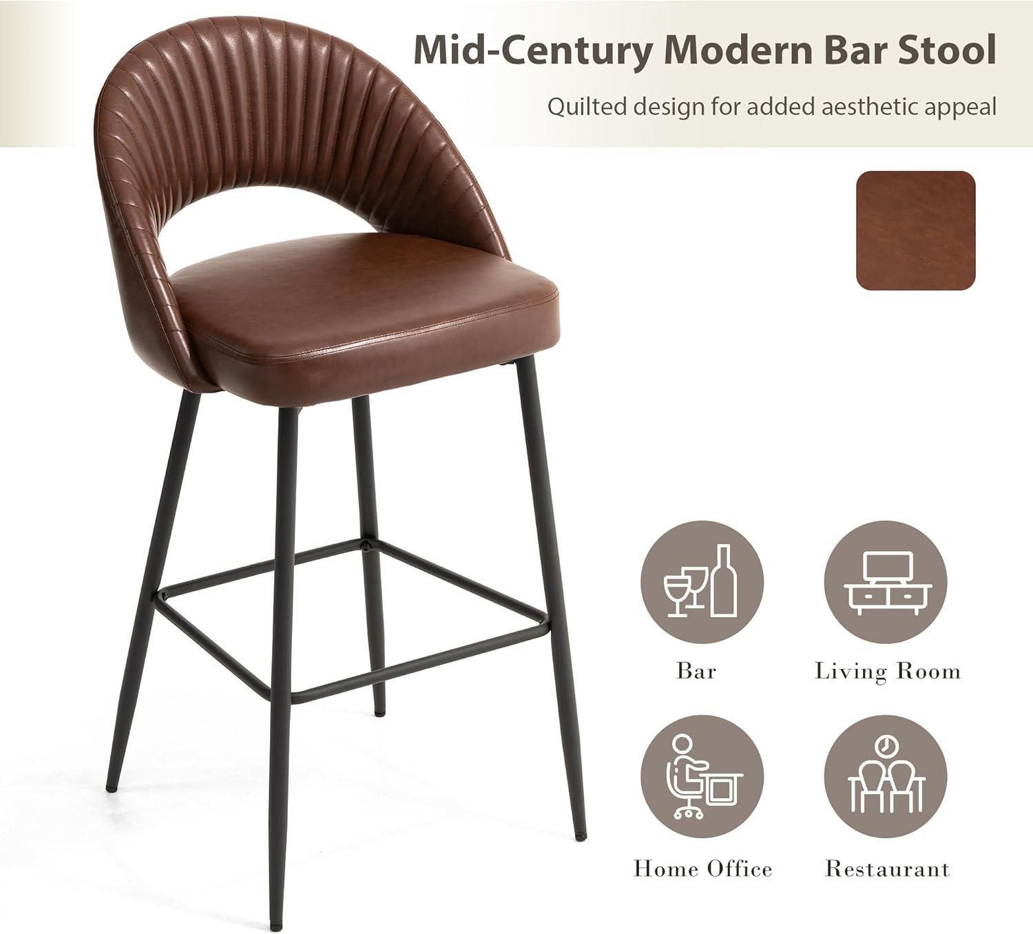 glitzhome Juego de 2 taburetes altos modernos de piel sintética, taburetes de bar altos de respaldo medio con patas cónicas de metal, sillas de bar