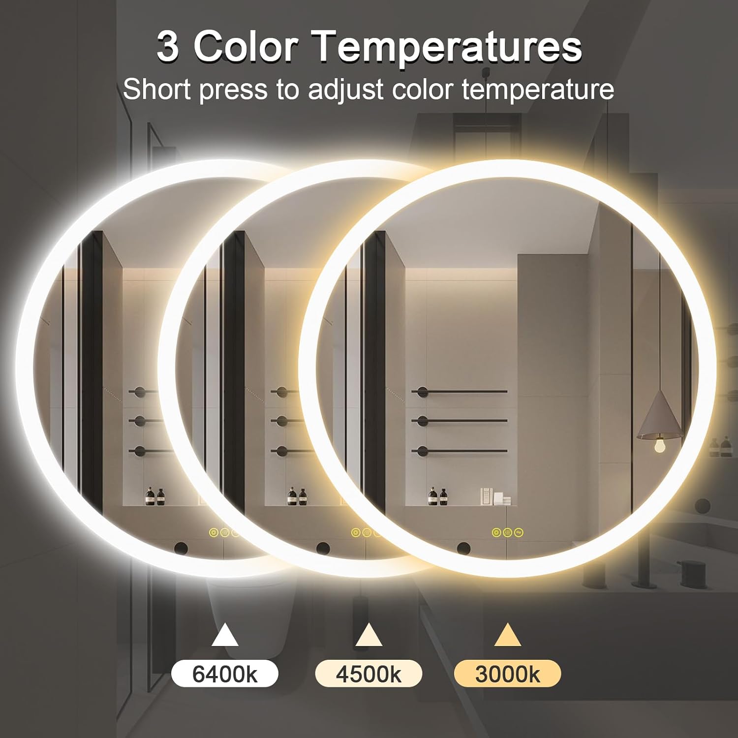 CITYMODA Round Bathroom Mirror LED 36 inch Led Mirror Anti-Fog, Stepless Dimmable, 3 Temperature, Memory Bathroom Vanity Mirror with Lights CRI90+