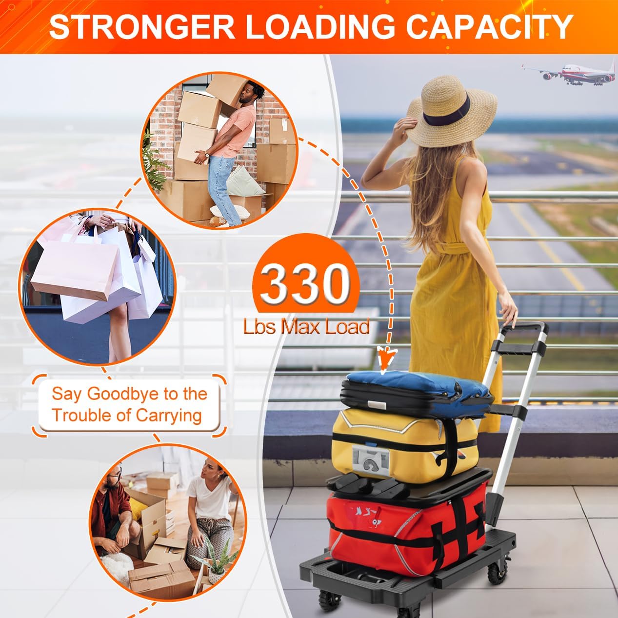 Camión de mano plegable, 330 libras, carrito de mano plegable, carrito de mano resistente, carrito de equipaje de plataforma portátil con 5 ruedas y
