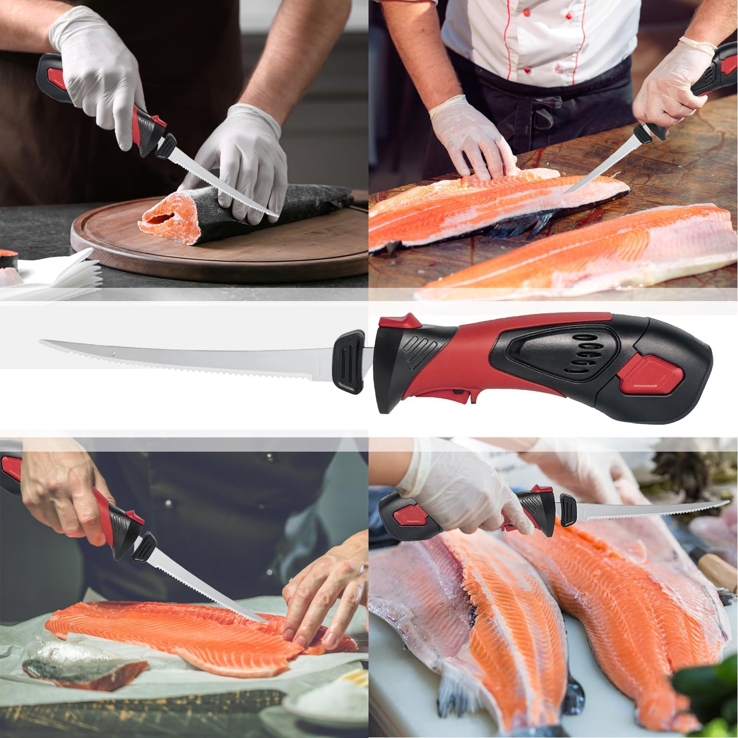 Mershca Cuchillo de filete eléctrico inalámbrico, con cuchillas recíprocas antiadherentes de 8 pulgadas con revestimiento SS totalmente dentado y
