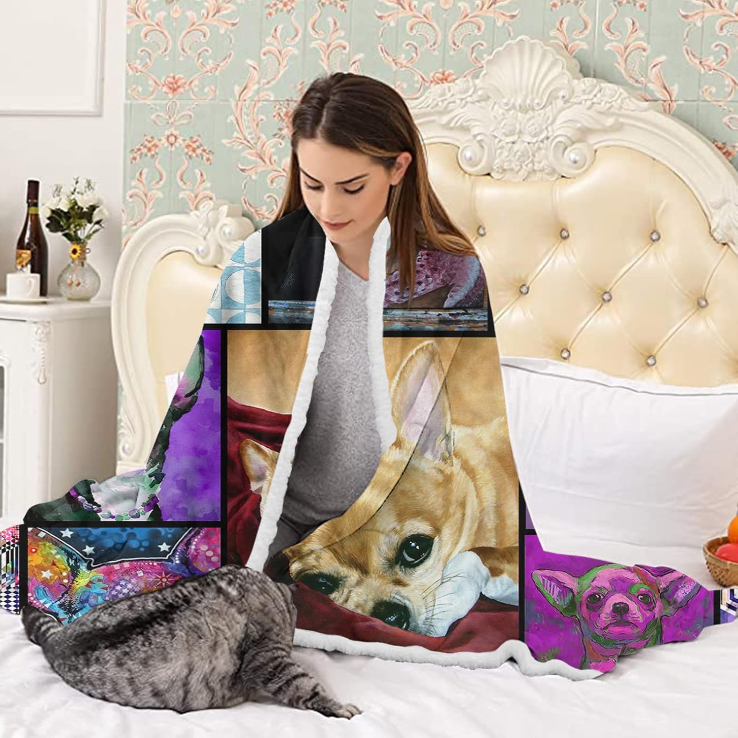 BEDMUST Manta de forro polar para dormitorio, decoración de ropa de cama, manta de sherpa inteligente de Chihuahua para niños y adultos, suave y