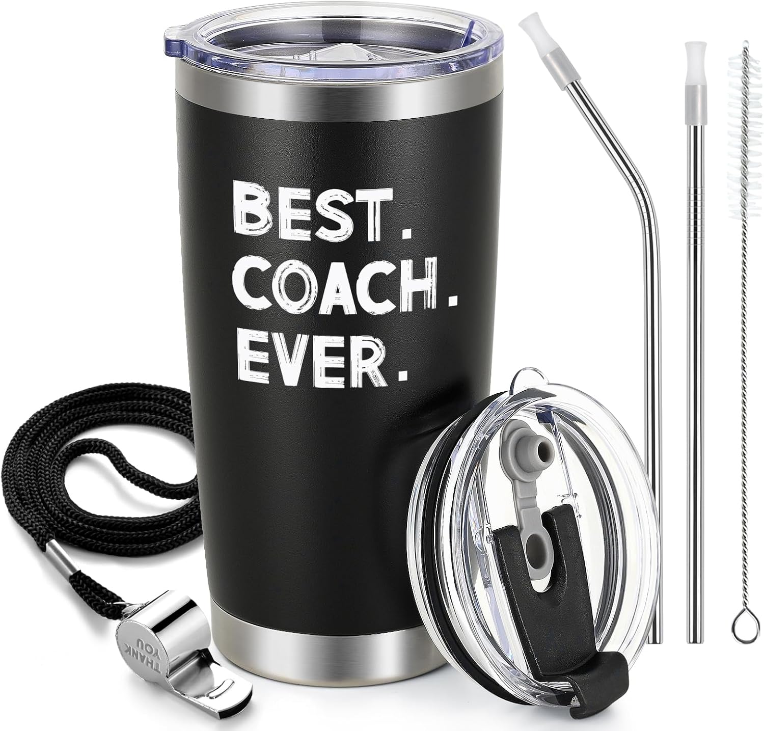 Regalos para entrenadores, vaso de viaje de acero inoxidable con tapas, pajitas y silbato para entrenadores, regalos de entrenador de fútbol y