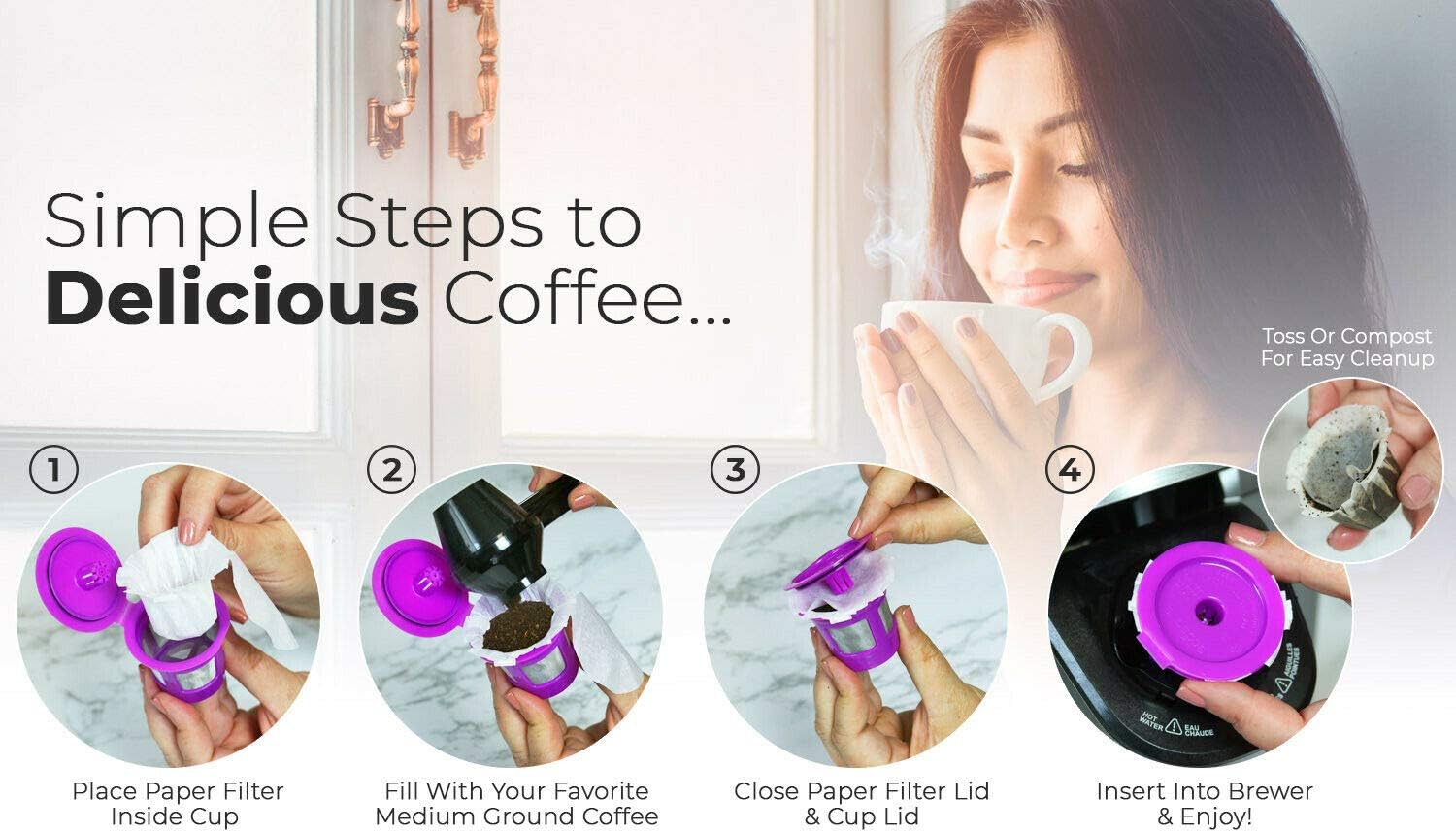 Perfect Pod EZ-Cup Filtros de café de papel con tapa patentada para cafeteras de una sola porción y cápsulas de café, compatibles con Keurig,