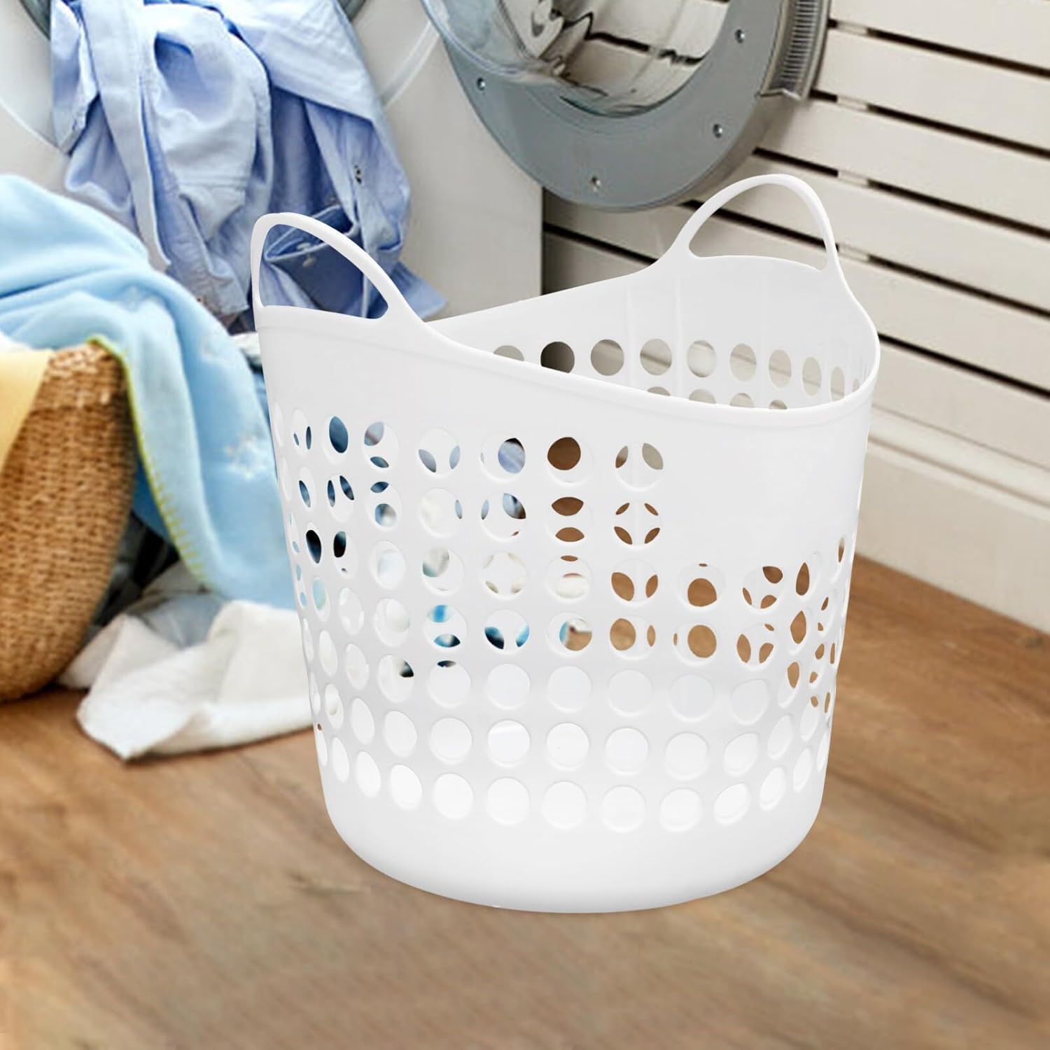 Zerodeko Cesta flexible de plástico para ropa sucia, contenedor redondo portátil con asas de transporte para ropa, dormitorio, organizador de