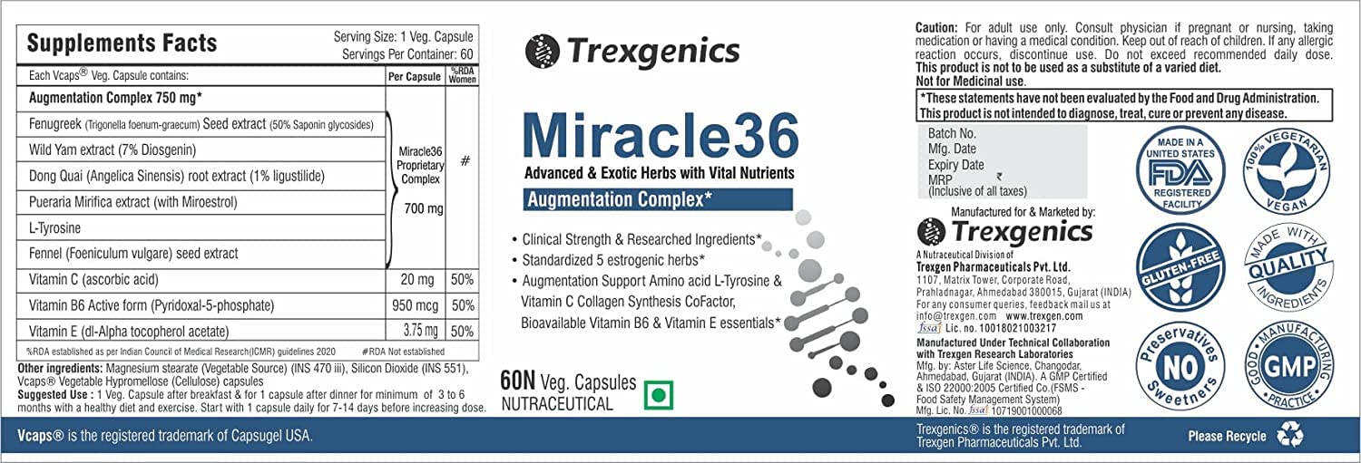 A.K. Trexgenics MIRACLE36 Complejo de aumento avanzado de 750 mg con 5 hierbas estrogénicas estandarizadas + aminoácidos tirosina y vitamina