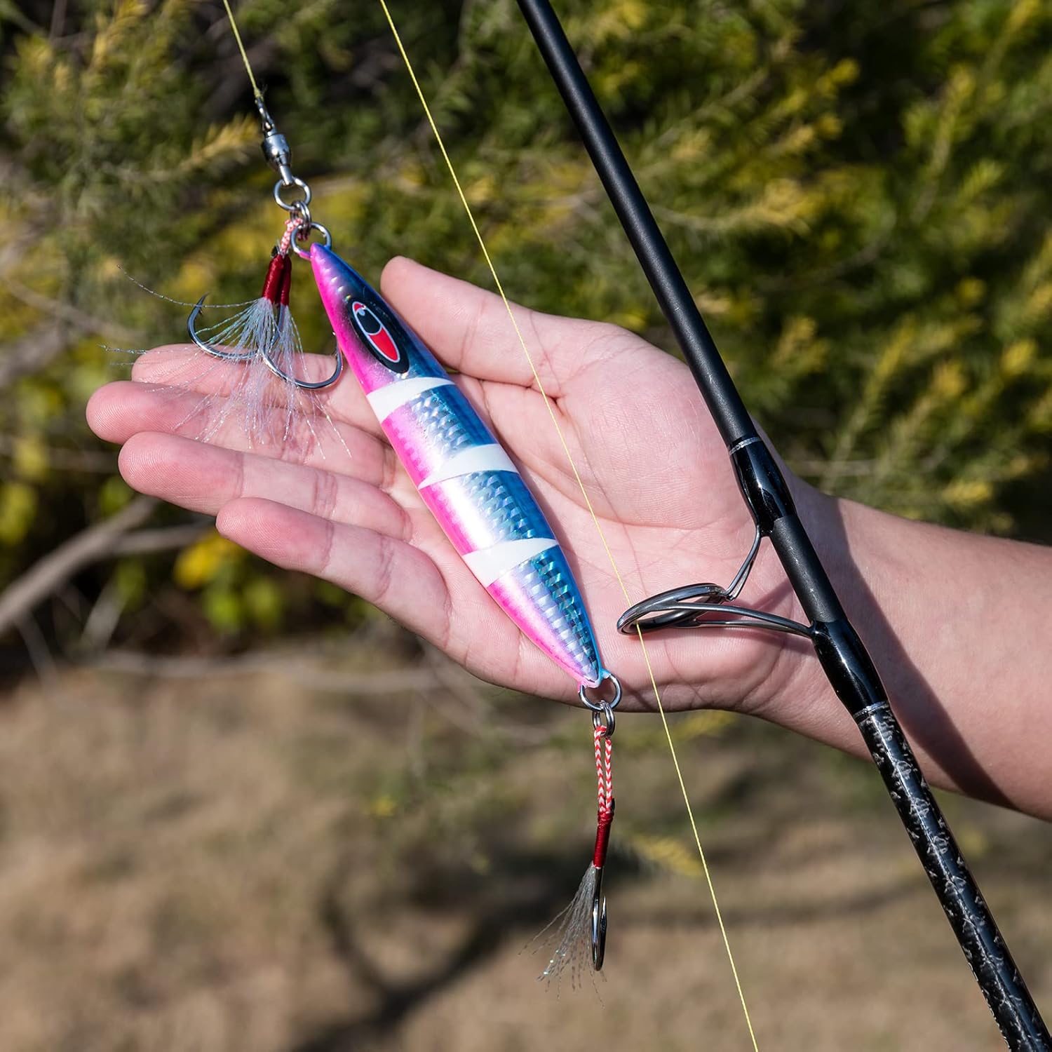Goture Jig Lento Plano Otoño Luminoso Plomo Vertical Jig Señuelo Artificial de Agua Salada Señuelo de Pesca con Dos Asistencias Mustad Gancho para