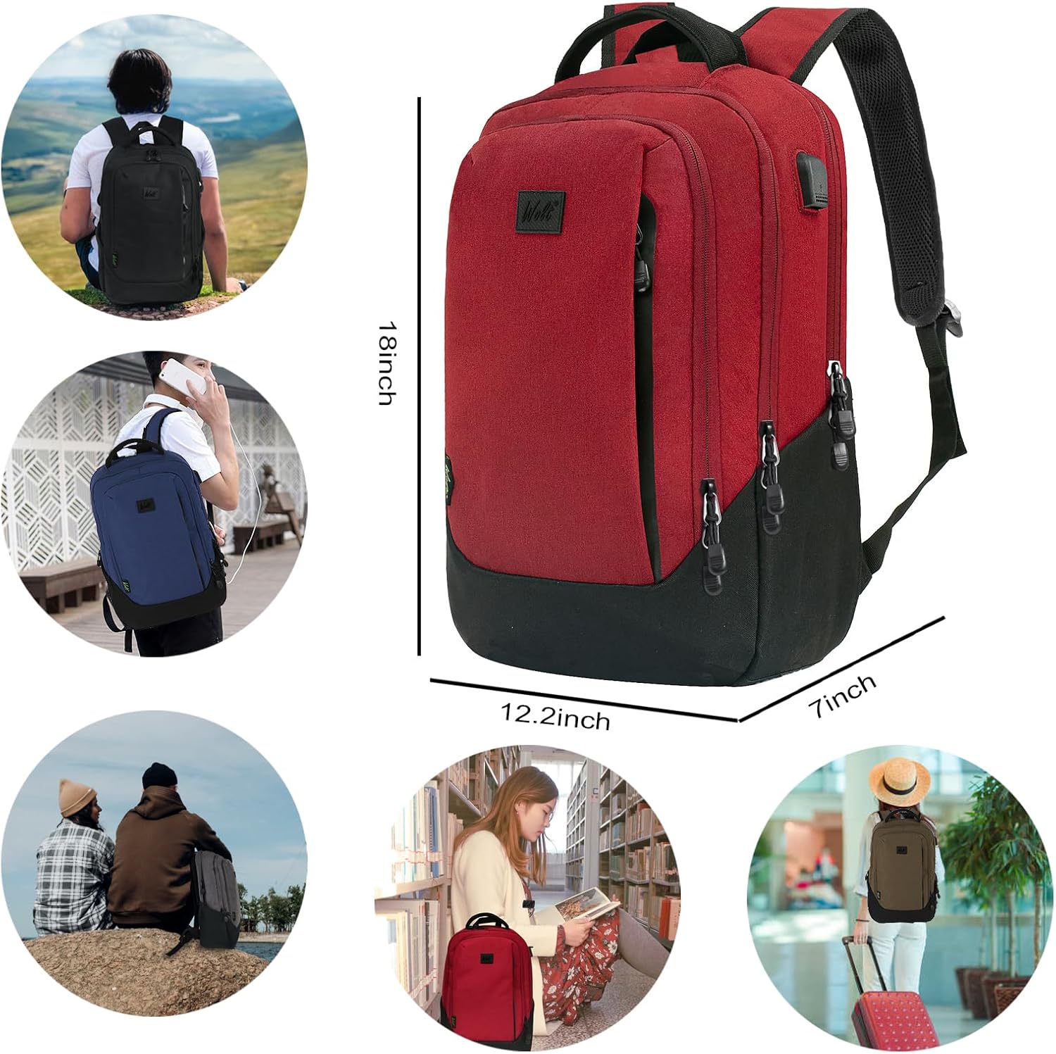WOLT  Mochila para portátil de viaje, bolsa de negocios aprobada por avión con puerto de carga USB, se adapta a portátiles de 15.6 pulgadas, Rojo
