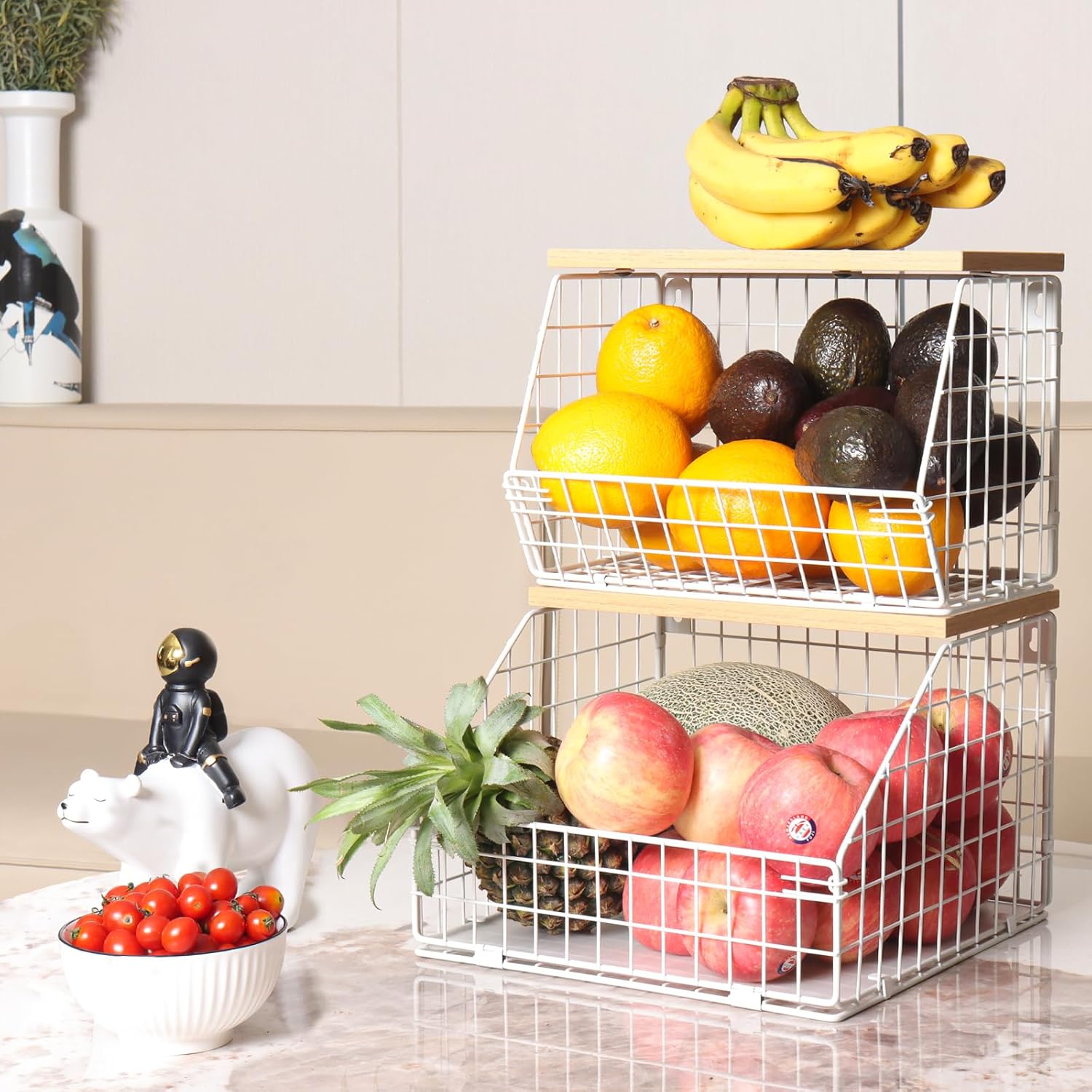 Mefirt Frutero blanco, cesta de frutas de 2 niveles para encimera de cocina, almacenamiento de frutas apilable montado en la pared, organizador de