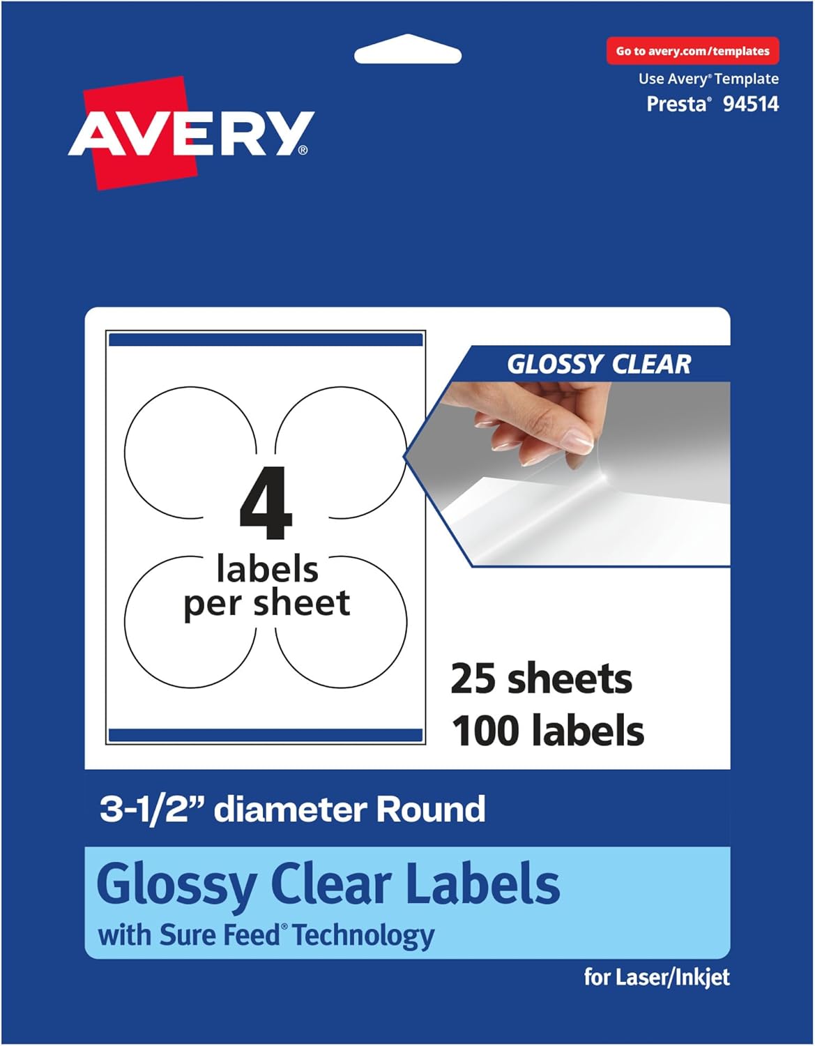 Avery Etiquetas redondas transparentes brillantes con alimentación segura, 3.5 pulgadas de diámetro, 100 etiquetas transparentes brillantes,
