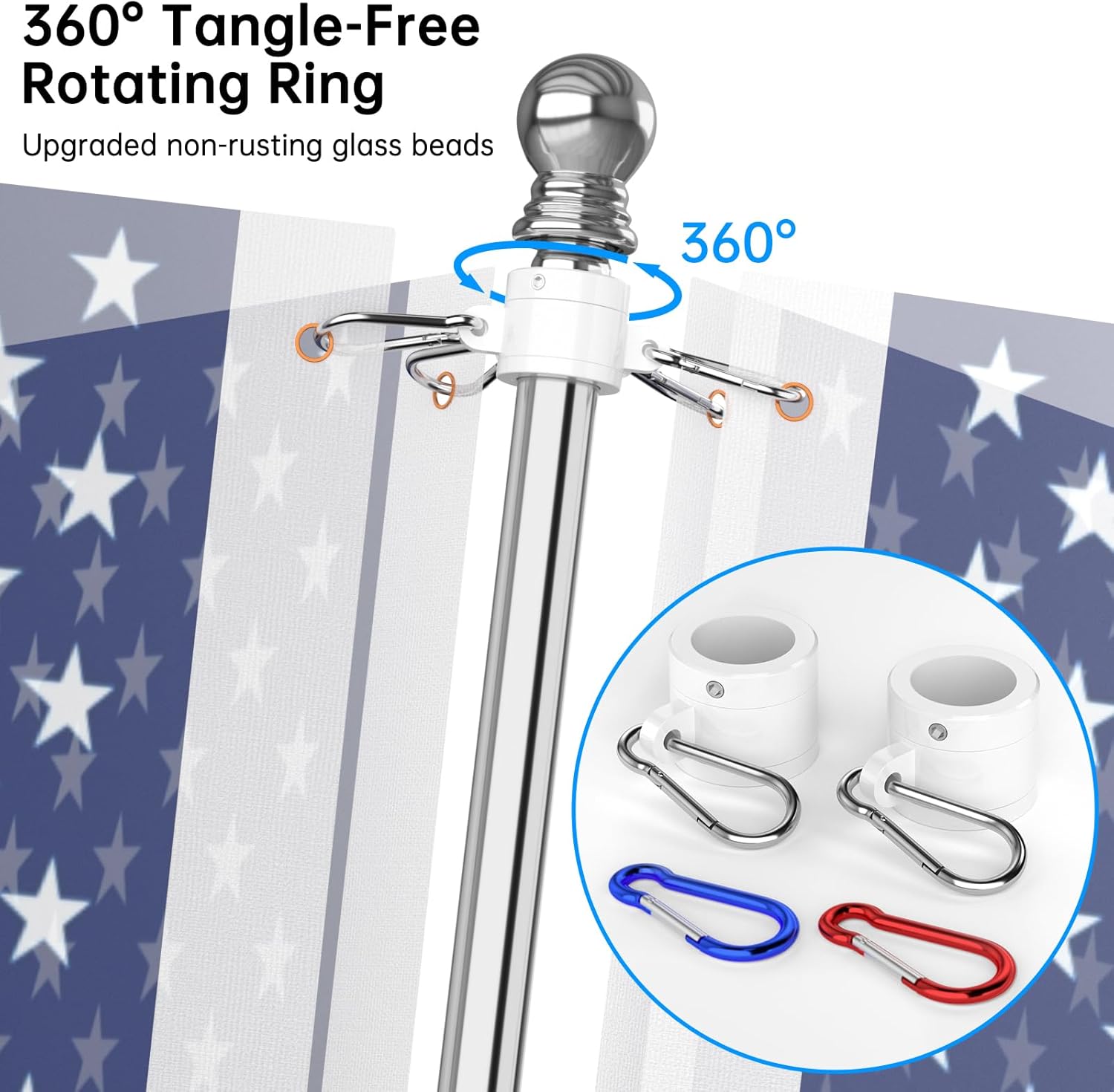 ZMTECH Mástil de bandera  Soporte mejorado, bastones de bandera de acero inoxidable de 6 pies para exteriores de casa, residencial o comercial, kit