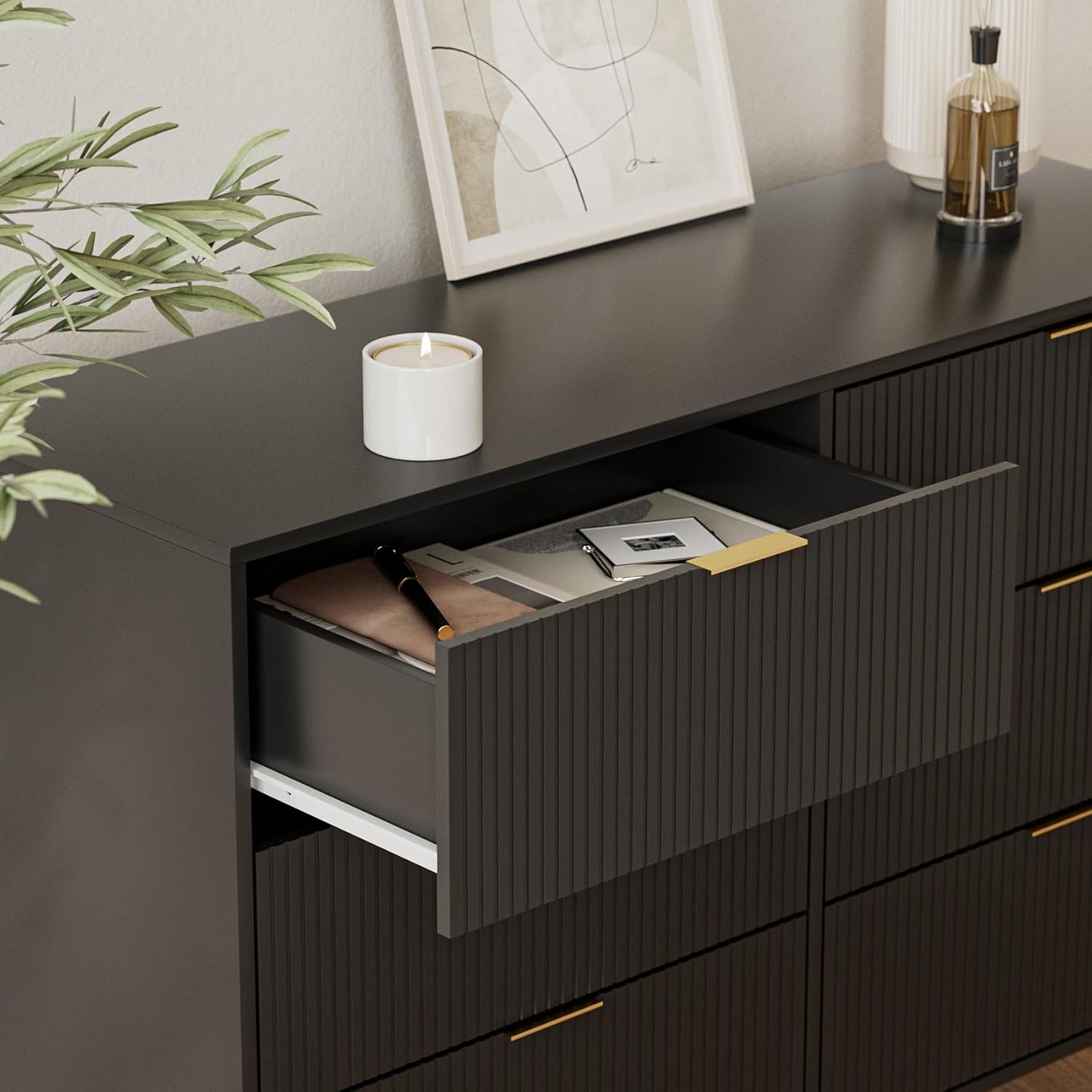 Cómoda de 6 cajones, moderna cajonera, cómoda de almacenamiento ancha con patas de metal, cómoda para dormitorio, sala de estar, armario, entrada,