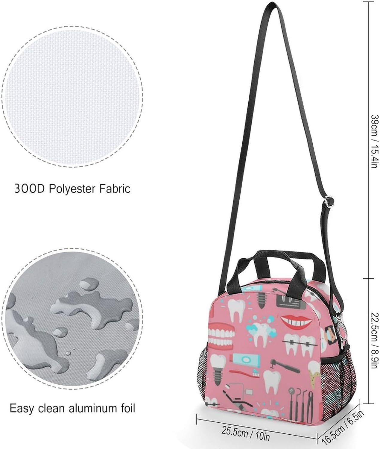 Lonchera aislada, bolsa de almuerzo pequeña con soporte para botella de agua, correa de hombro ajustable y extraíble, diseño dental sin costuras,