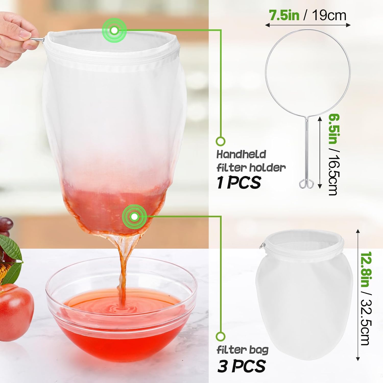 Bolsas coladoras de malla ultrafina, 3 piezas de colador de leche de nuez reutilizable con marco de mango de acero inoxidable, bolsas de filtro de