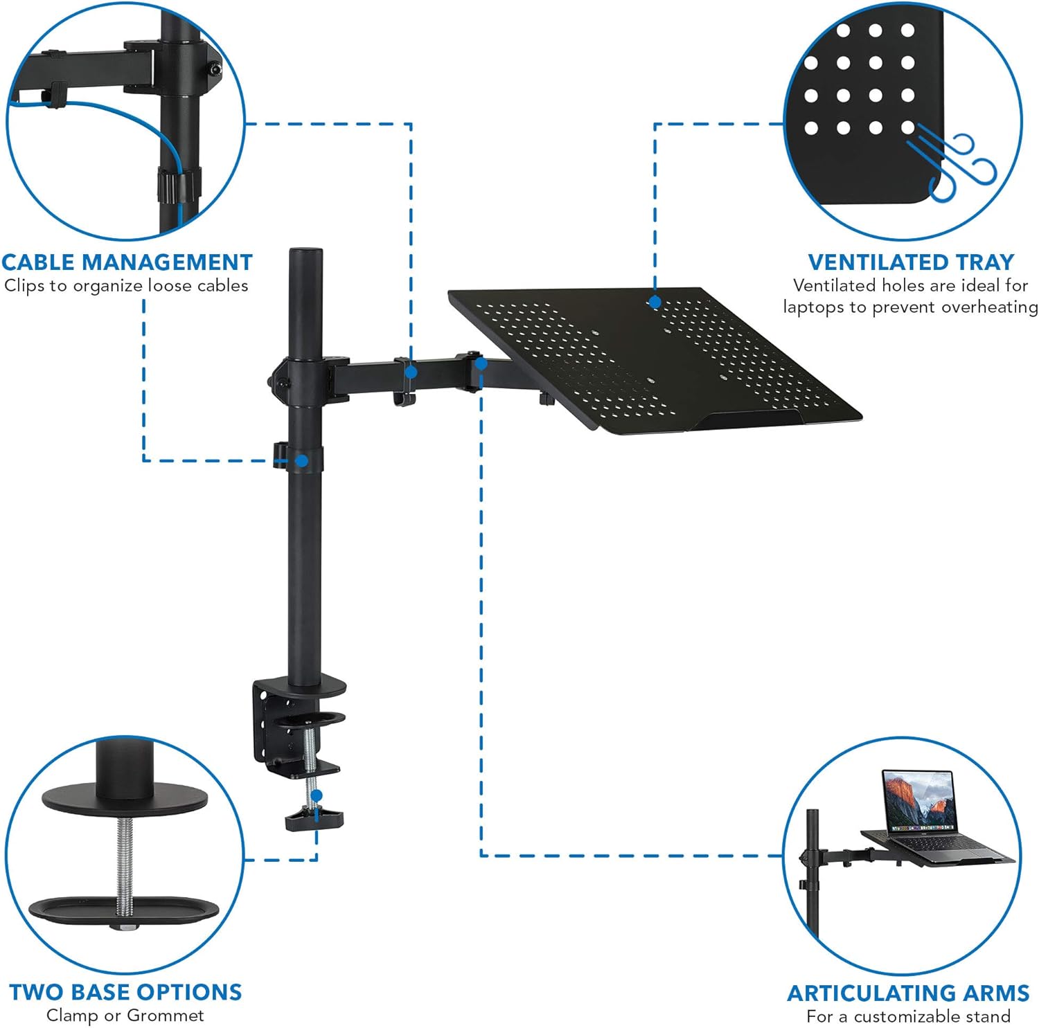 Mount-It! Soporte de escritorio para laptop, brazo de movimiento completo para laptop con bandeja ventilada, brazo de extensión ajustable de alta