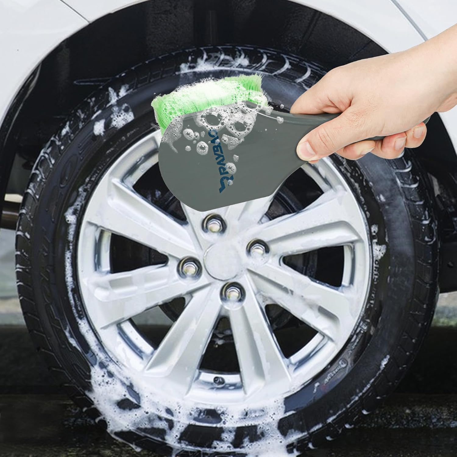 RAYBAO Cepillo para ruedas y neumáticos, cepillo de lavado de autos para borde de automóvil, cepillo de limpieza de cuero de pelo de caballo para