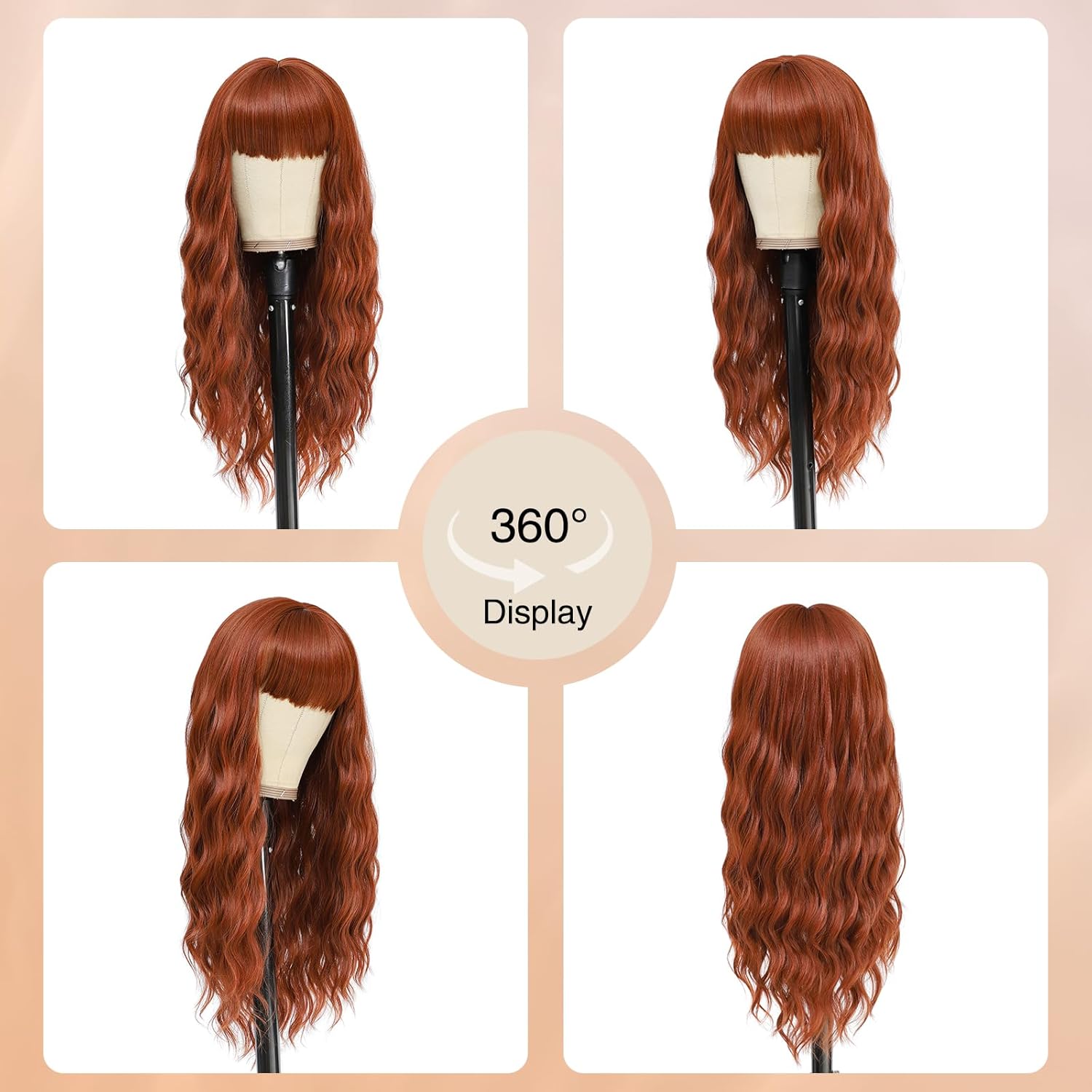 VERNA Peluca castaño rojizo con fleco, pelucas de 26 pulgadas de largo castaño rojizo para mujer, peluca de cabello castaño castaño de aspecto