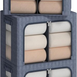 Paquete de 2 contenedores de almacenamiento apilables con marco Oxford con ventana transparente, soporte para etiquetas, asas de transporte Paquete de 2 contenedores de almacenamiento apilables con marco Oxford con ventana transparente, soporte para etiquetas, asas de transporte