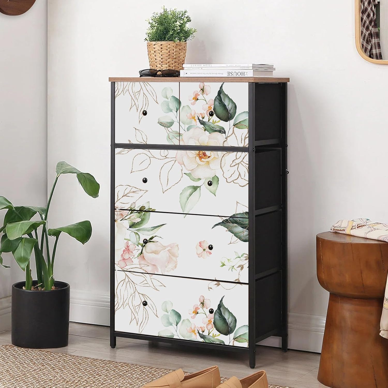BaoHArtHome Papel tapiz floral para despegar y pegar, papel de contacto extraíble con hojas de oro rosa, fácil de despegar, autoadhesivo, para