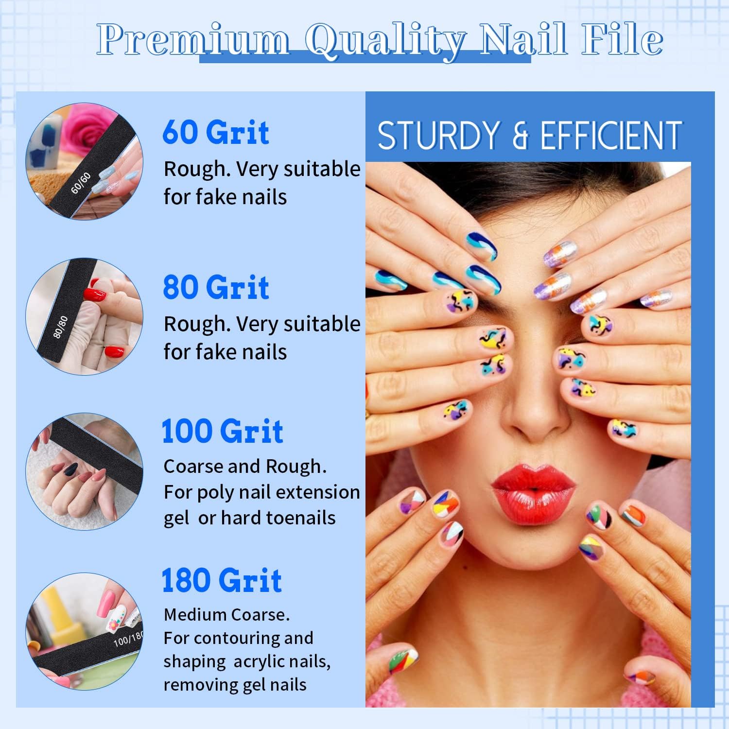 BLESWIN Lima de uñas rectangular de grano 100180, 25 limas de uñas para uñas acrílicas y de gel, limas de uñas profesionales a granel, lima de uñas