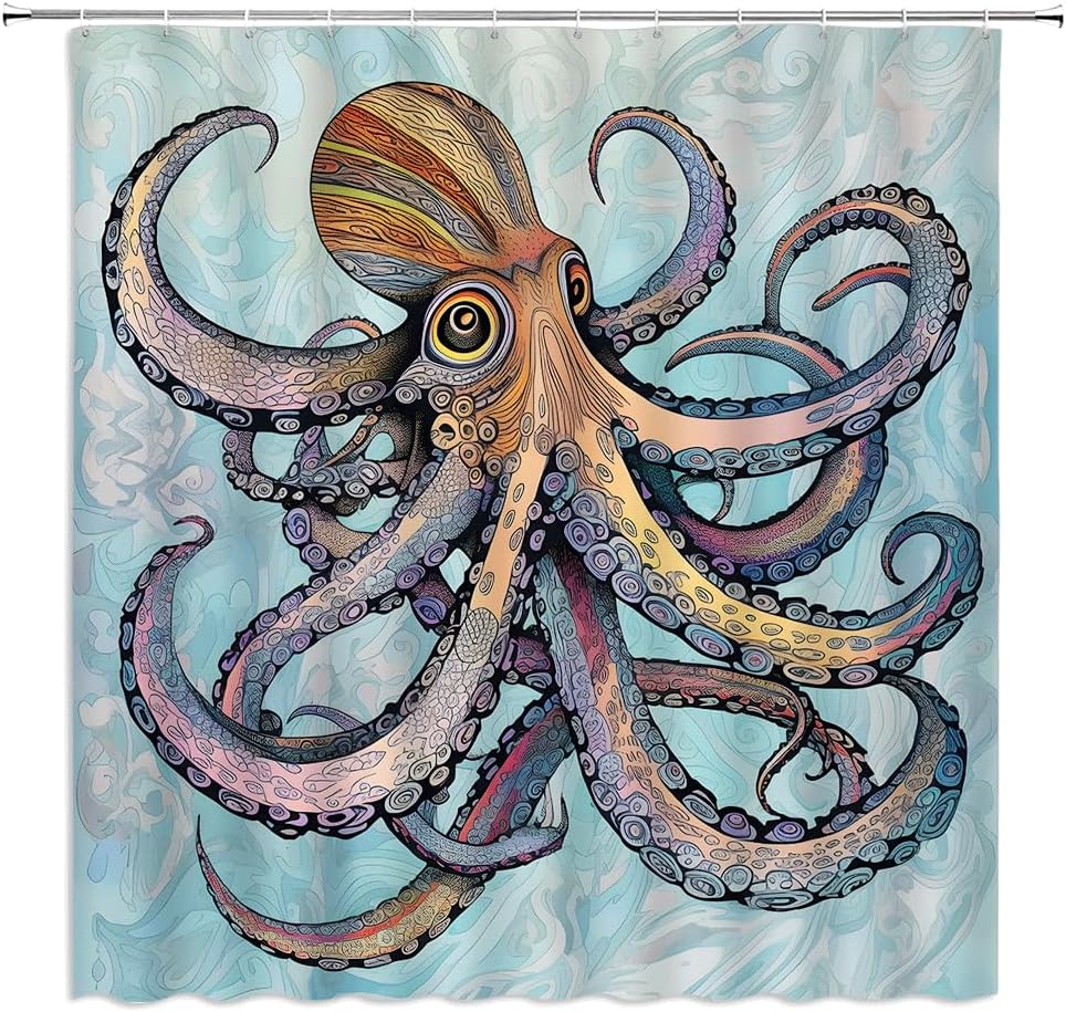 Cortina de ducha bohemia con diseño de pulpo, diseño abstracto de Kraken con diseño floral bohemio, océano, gigante, vida marina, tentáculo, cortina