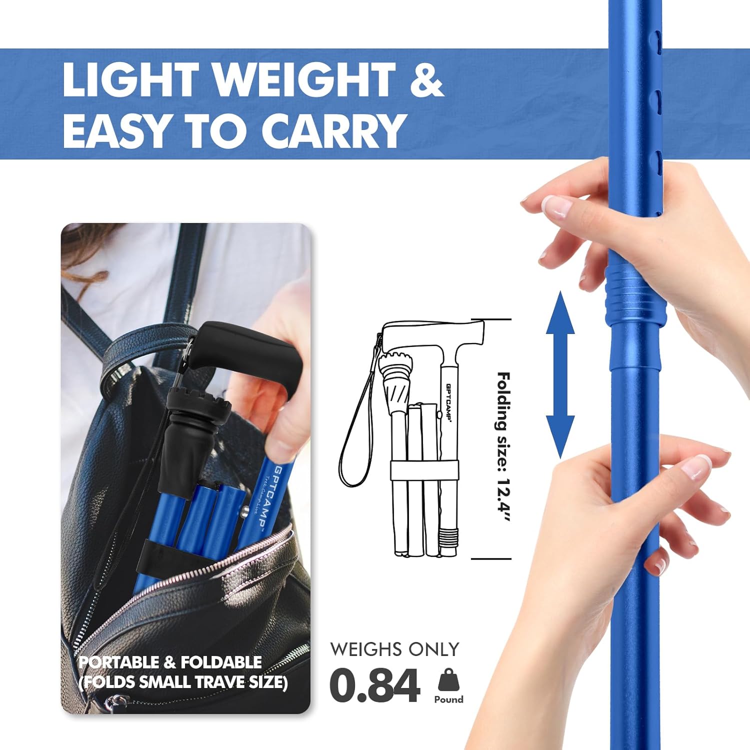 Bastón de caminar G2 para mujeres y hombres, elegante, plegable, plegable, ligero y resistente con cómodas asas en T