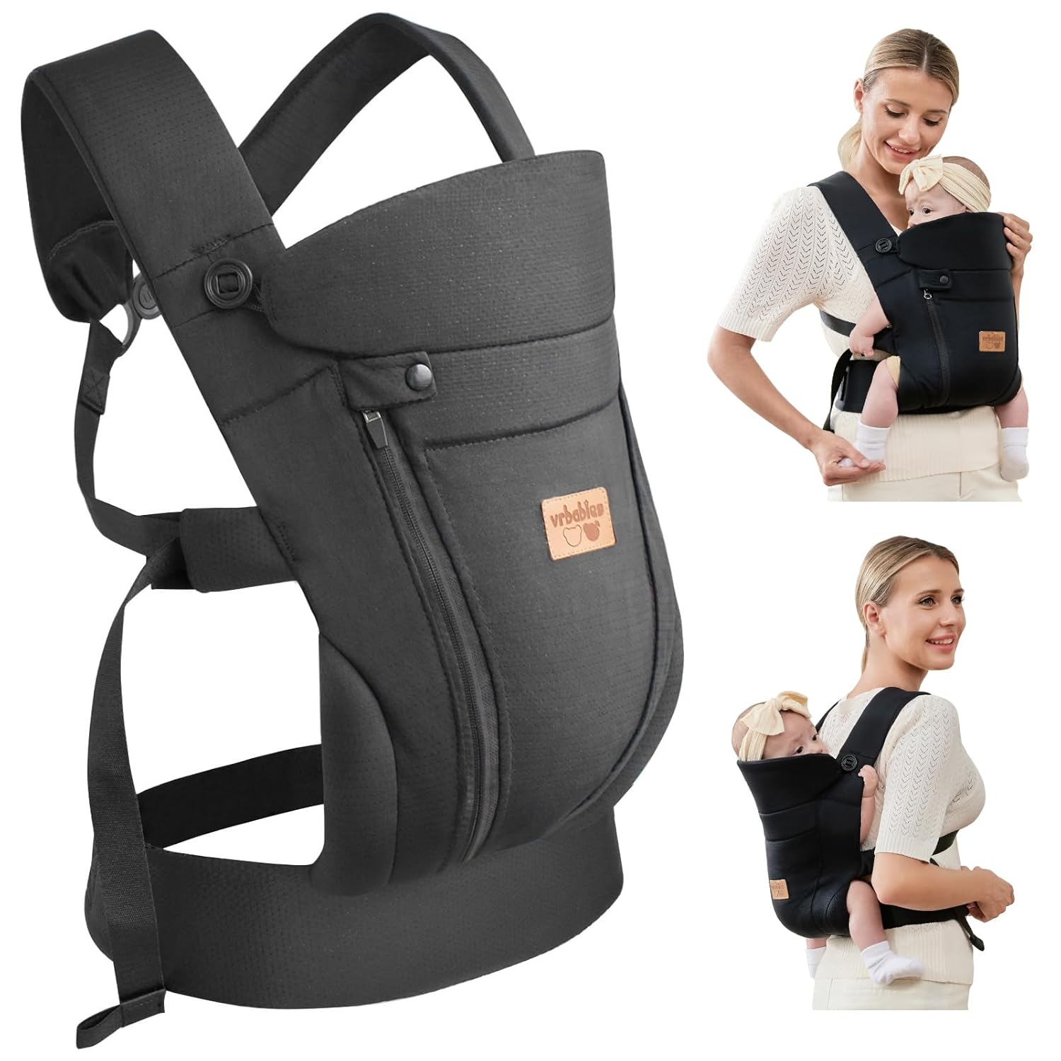 vrbabies Portabebés ergonómico para recién nacidos, con manos libres, transpirable, perfecto para bebés y bebés, regalo de ducha (negro)