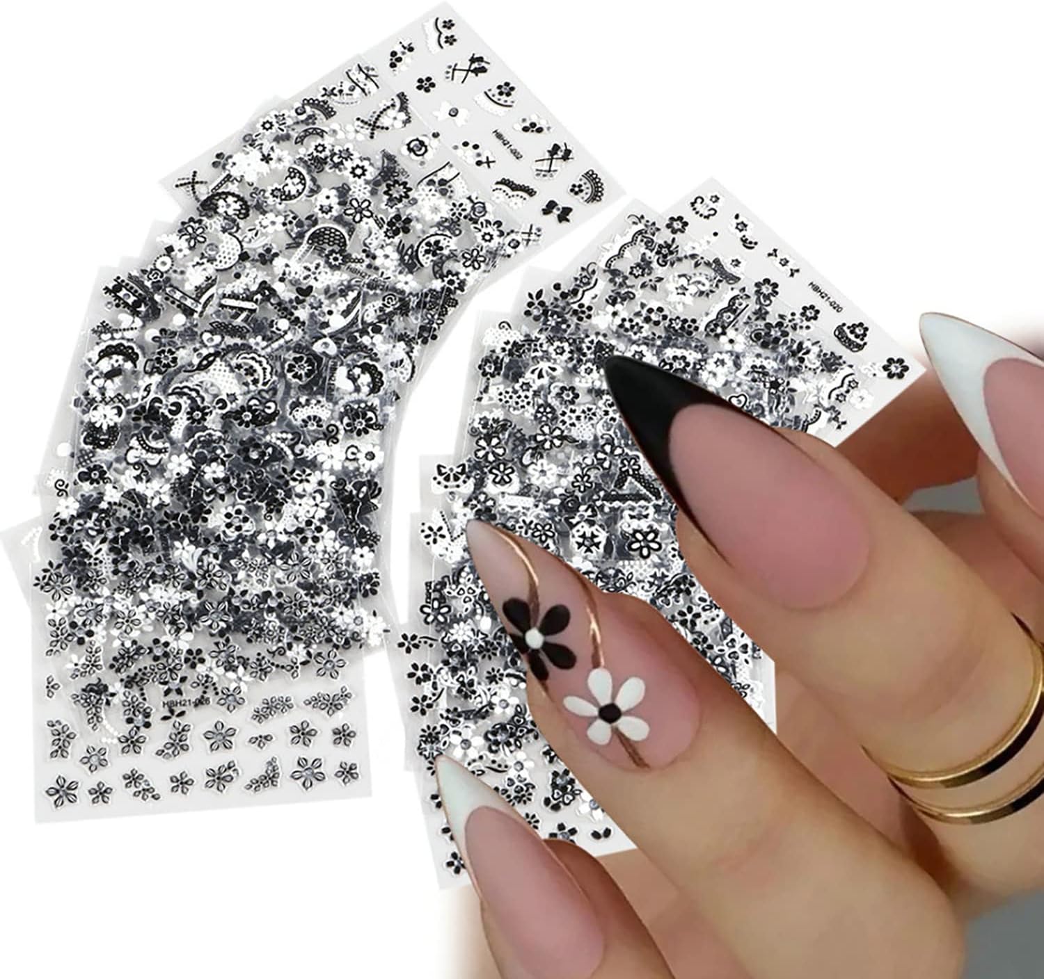 30 calcomanías de arte de uñas de flores negras 3D, autoadhesivas, flores blancas, cinco pétalos, flores, corazones, corbatas, diseño elegante de