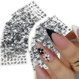 30 calcomanías de arte de uñas de flores negras 3D, autoadhesivas, flores blancas, cinco pétalos, flores, corazones, corbatas, diseño elegante de 30 calcomanías de arte de uñas de flores negras 3D, autoadhesivas, flores blancas, cinco pétalos, flores, corazones, corbatas, diseño elegante de