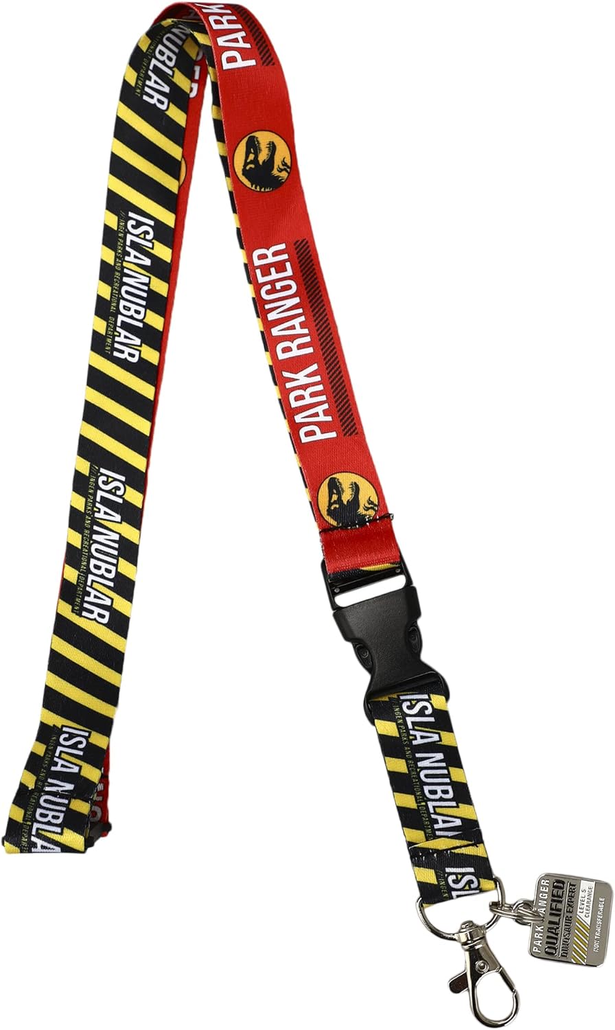 Jurassic Park Ranger – Cordón con dije de goma y funda transparente para identificación, Rojo –