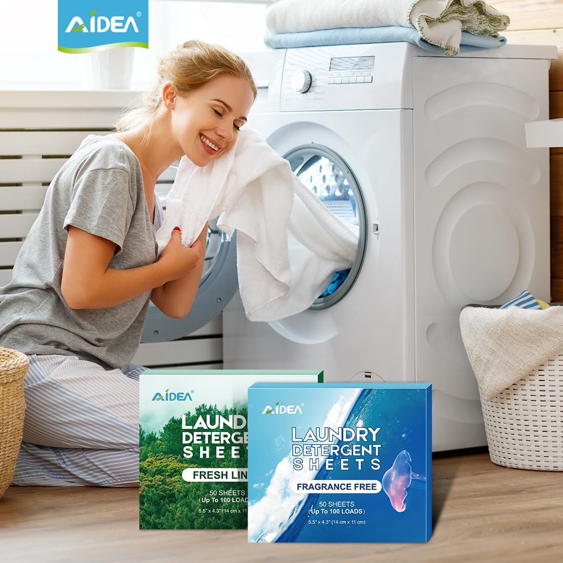 AIDEA Hojas de detergente para ropa, aroma fresco (100 cargas), 50 hojas, detergente ecológico e ingredientes naturales, sin jarra de plástico,